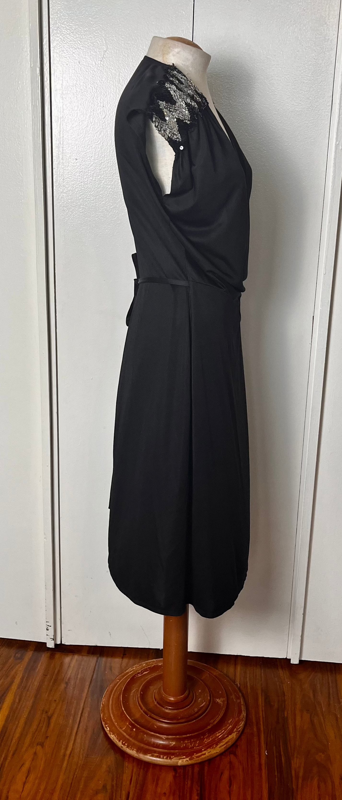 Vintage 1970's Black Jersey Knit Wrap Dress with Sequins