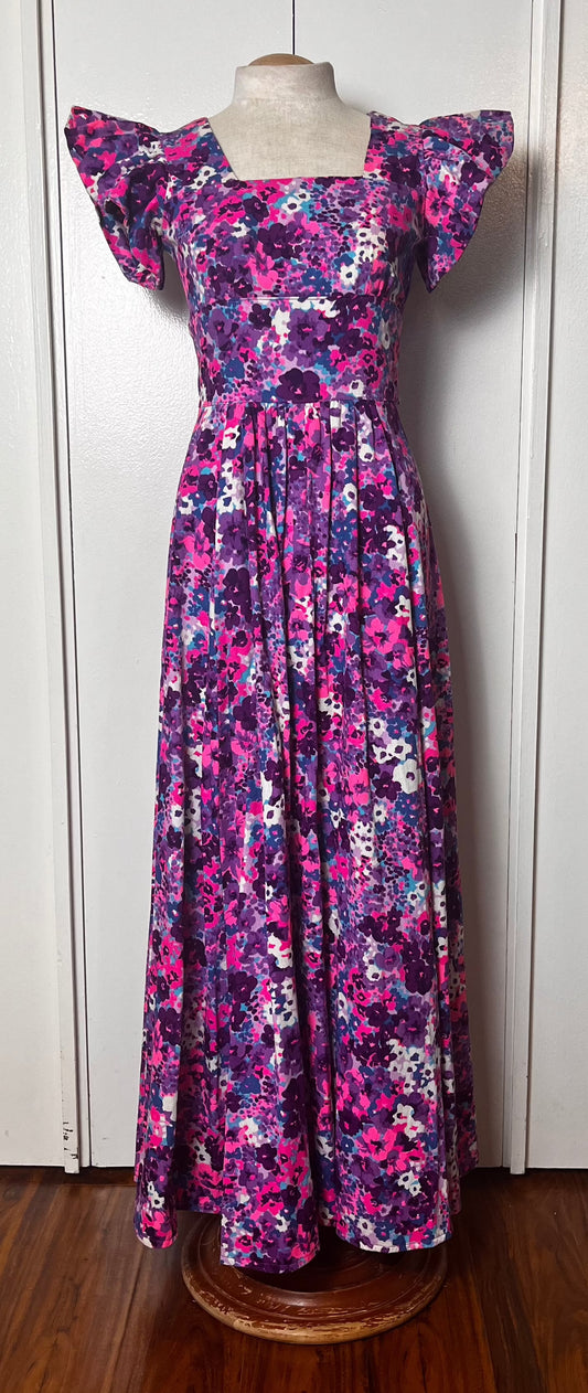 Vintage 1970's Home-sewn Purple & Pink Floral Barkcloth Flutter Sleeve Maxi Dress