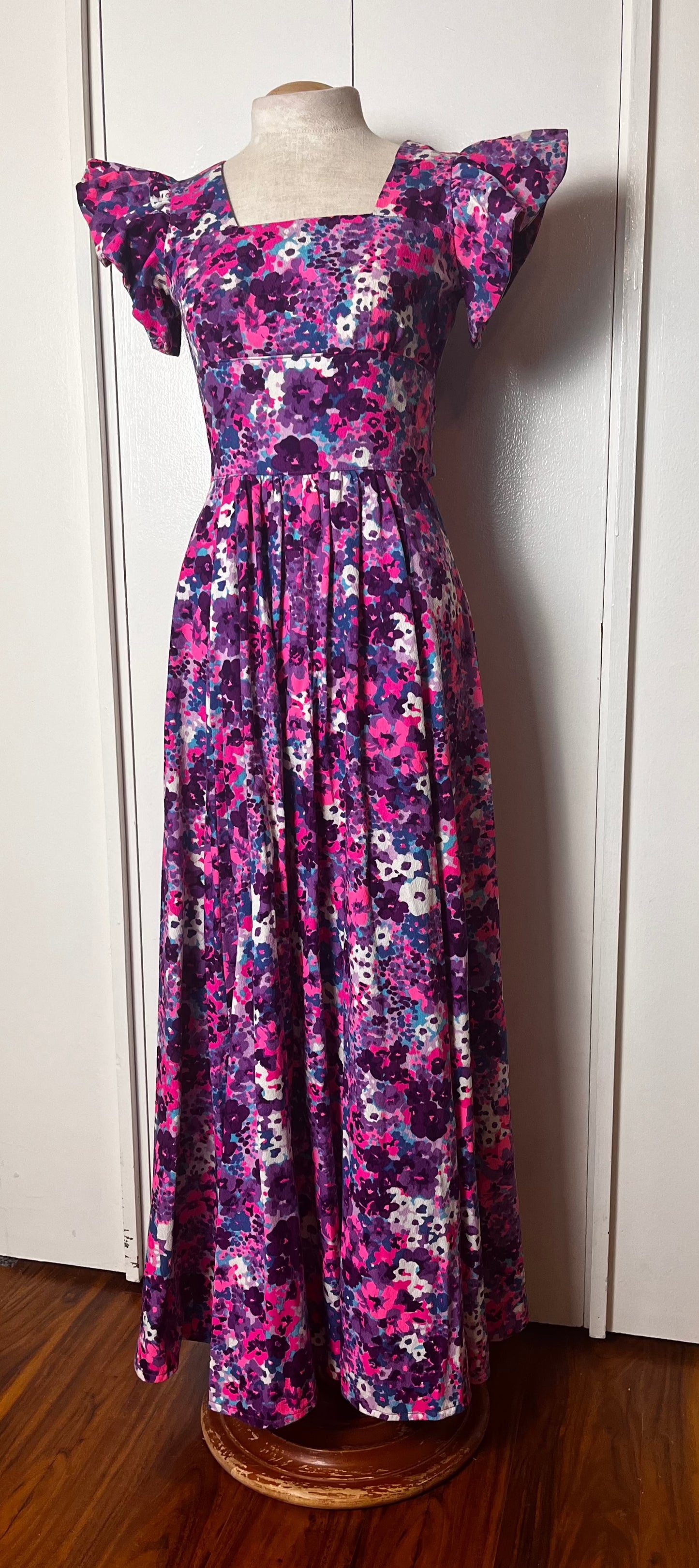 Vintage 1970's Home-sewn Purple & Pink Floral Barkcloth Flutter Sleeve Maxi Dress