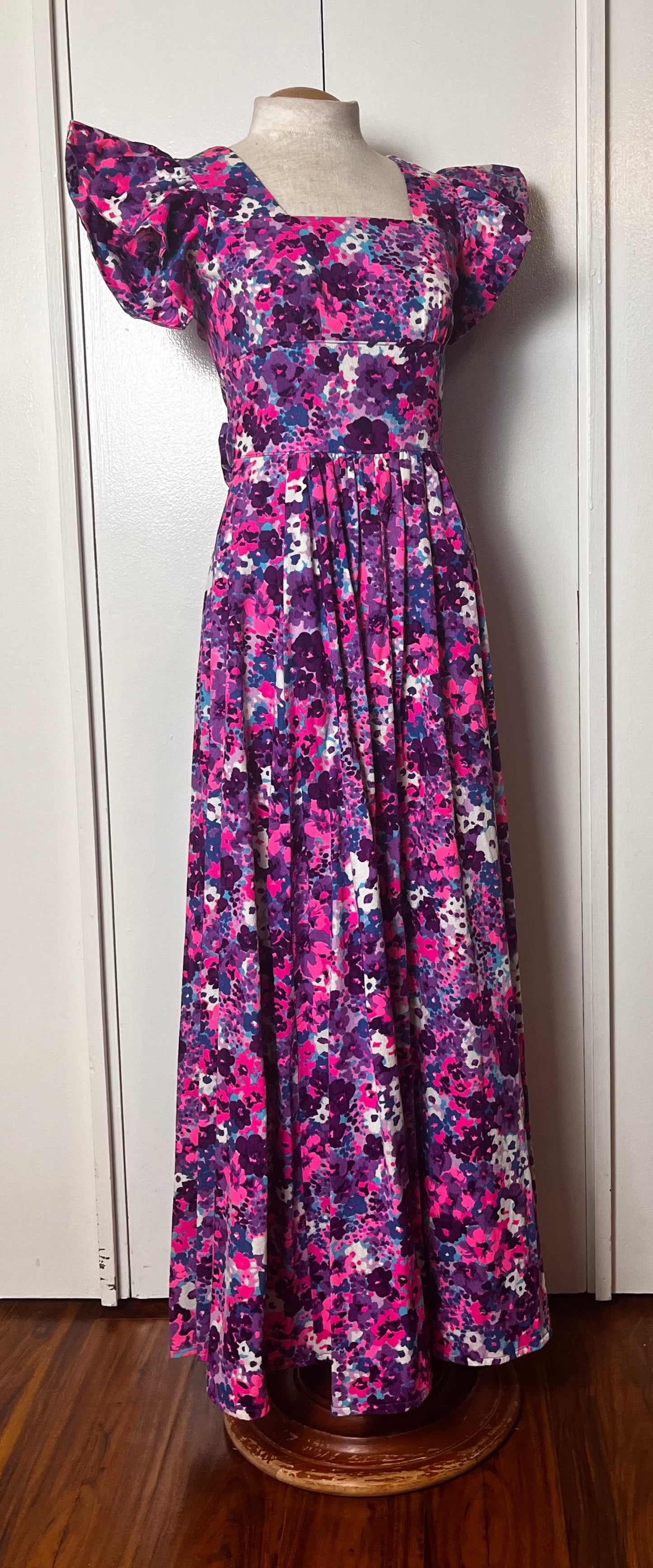 Vintage 1970's Home-sewn Purple & Pink Floral Barkcloth Flutter Sleeve Maxi Dress