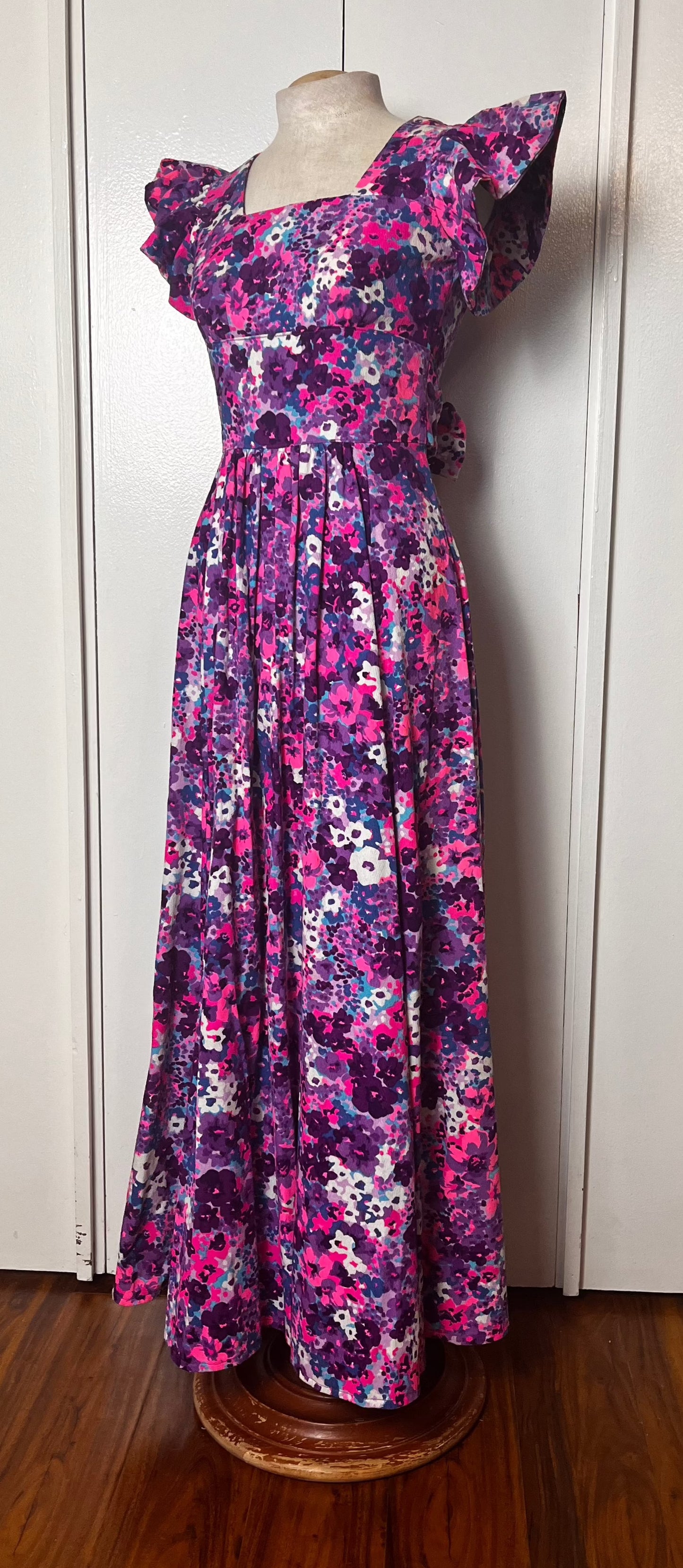 Vintage 1970's Home-sewn Purple & Pink Floral Barkcloth Flutter Sleeve Maxi Dress