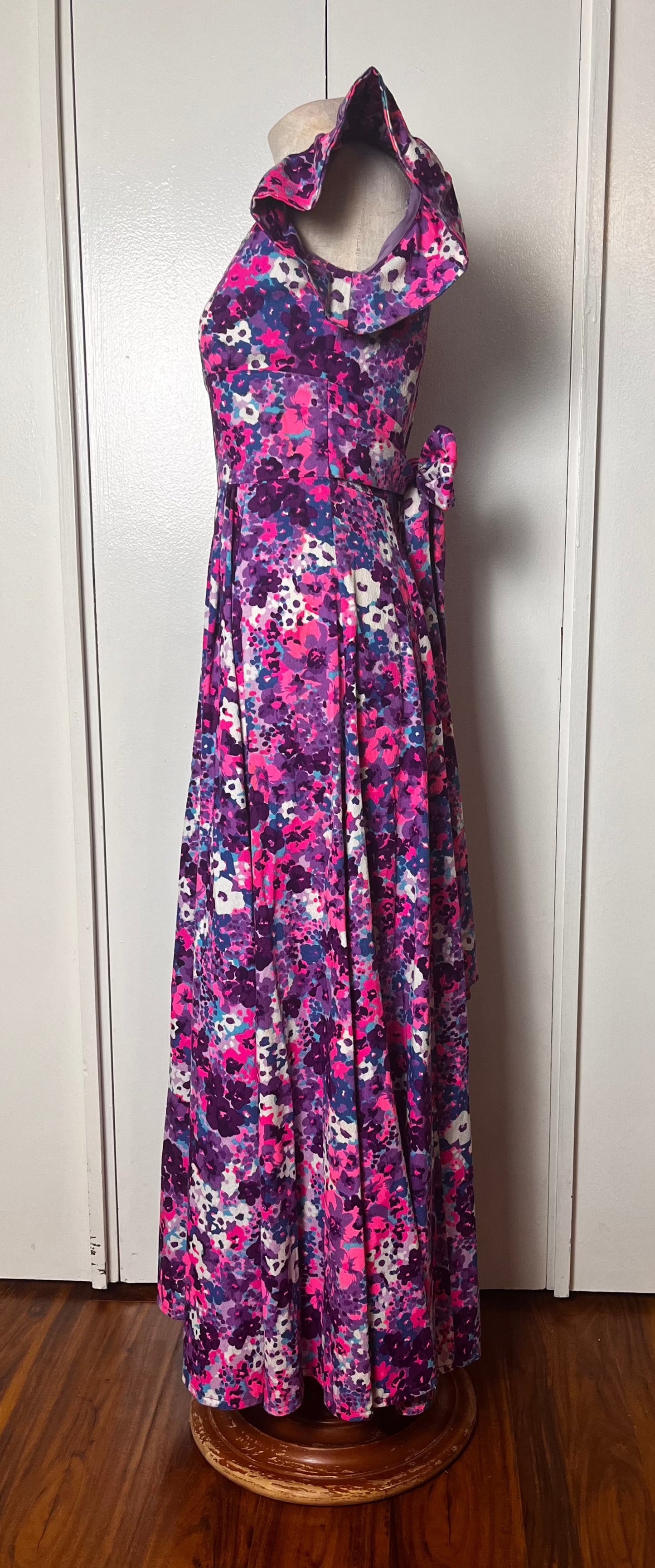 Vintage 1970's Home-sewn Purple & Pink Floral Barkcloth Flutter Sleeve Maxi Dress