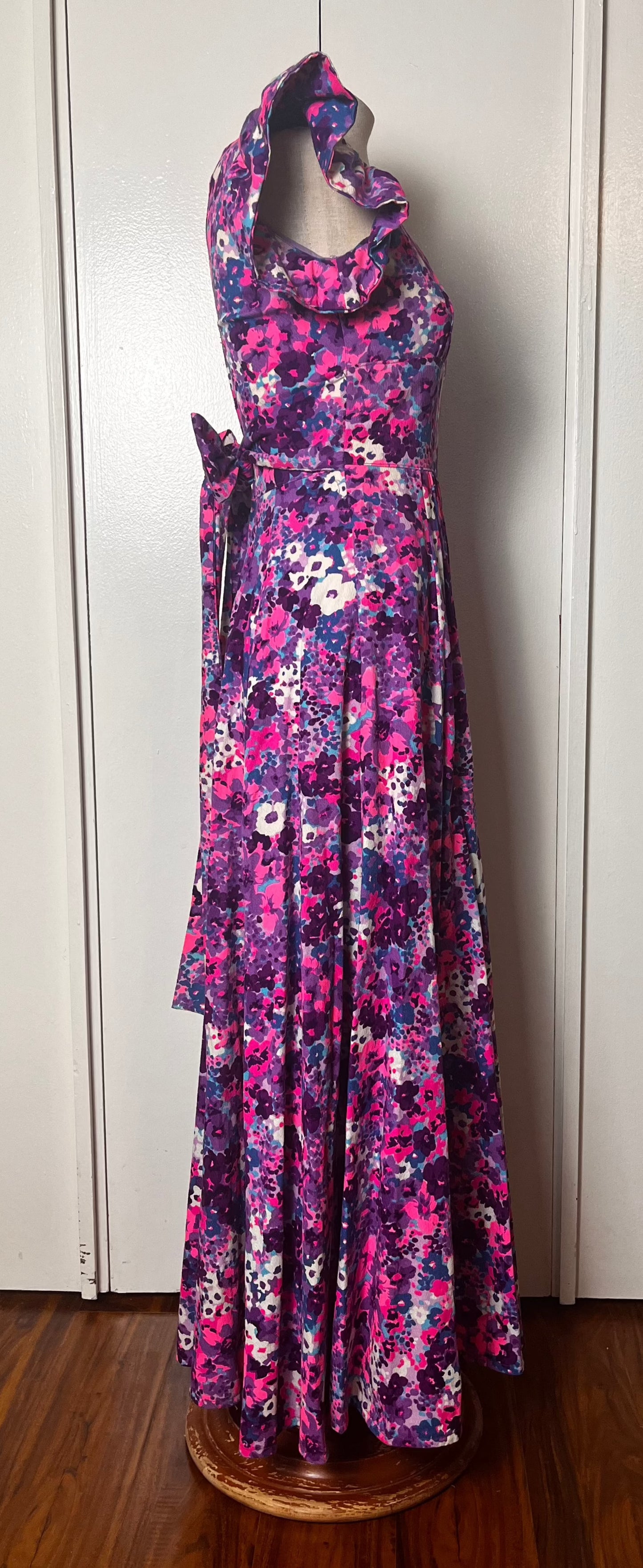 Vintage 1970's Home-sewn Purple & Pink Floral Barkcloth Flutter Sleeve Maxi Dress