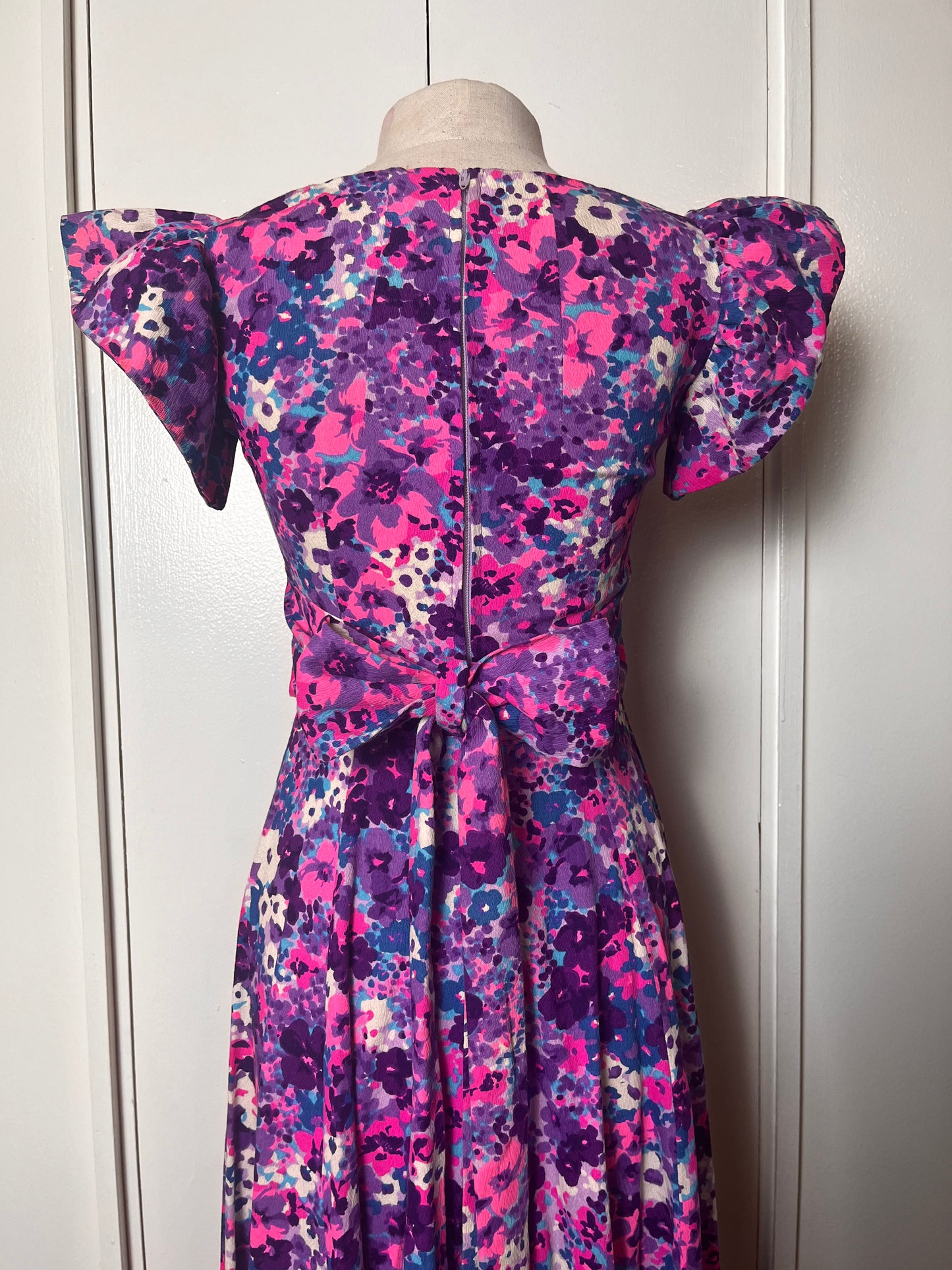 Vintage 1970's Home-sewn Purple & Pink Floral Barkcloth Flutter Sleeve Maxi Dress