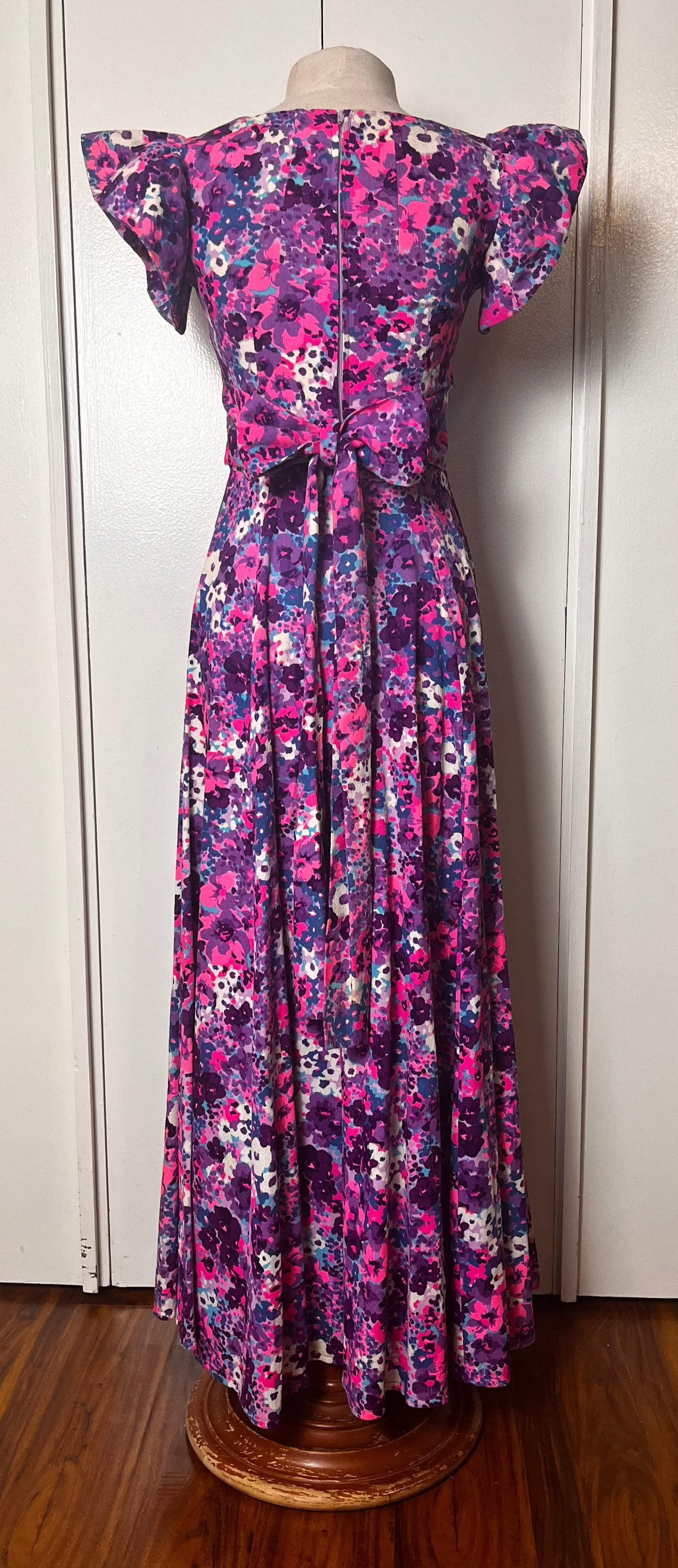 Vintage 1970's Home-sewn Purple & Pink Floral Barkcloth Flutter Sleeve Maxi Dress