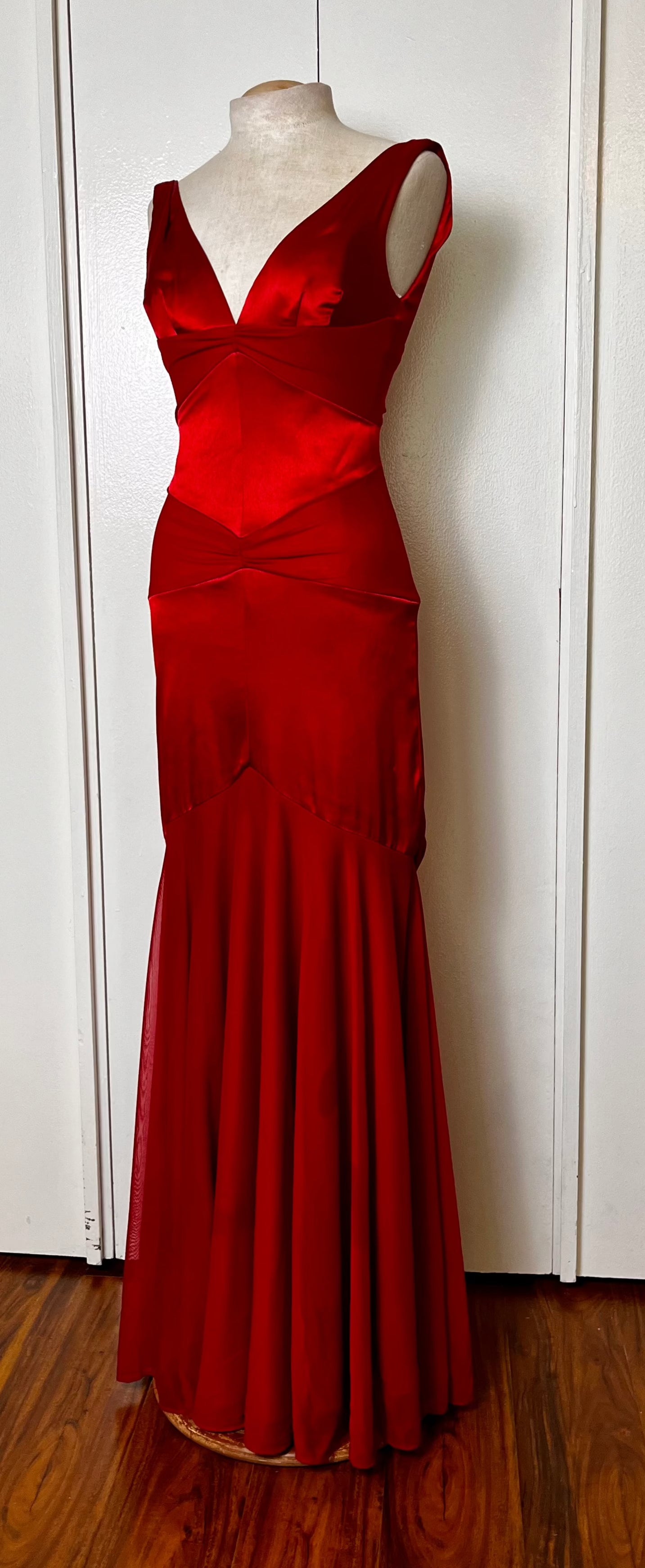 Vintage Y2K "Cache" Red Satin & Mesh Maxi Dress