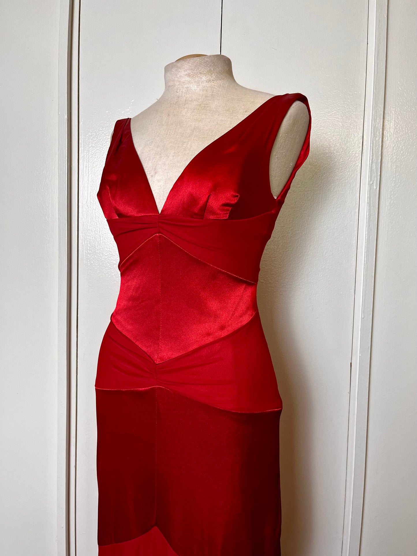 Vintage Y2K "Cache" Red Satin & Mesh Maxi Dress