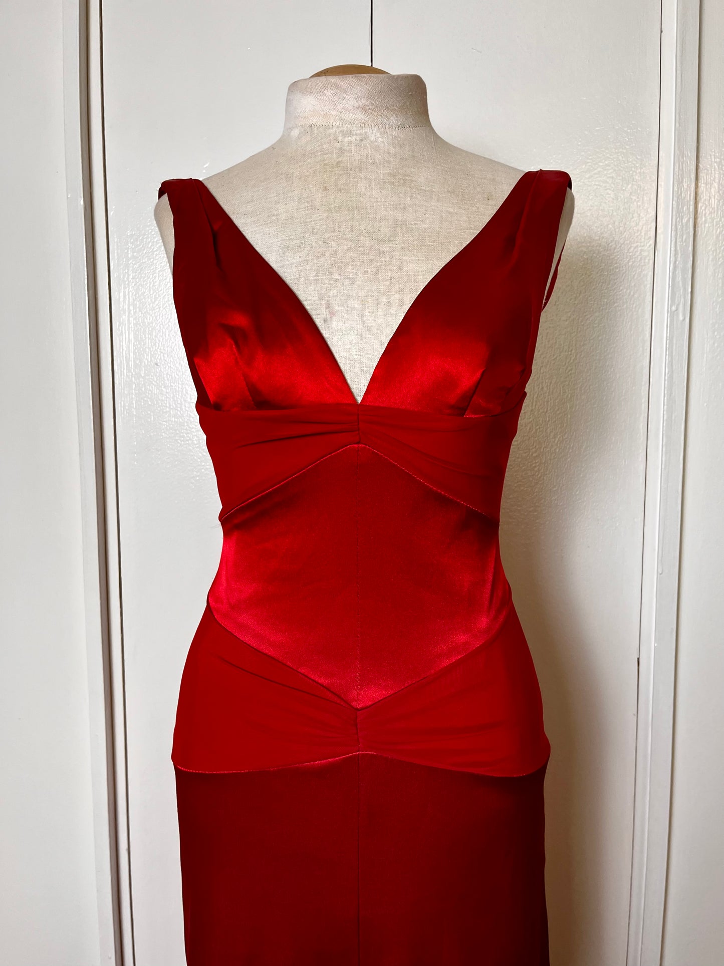 Vintage Y2K "Cache" Red Satin & Mesh Maxi Dress