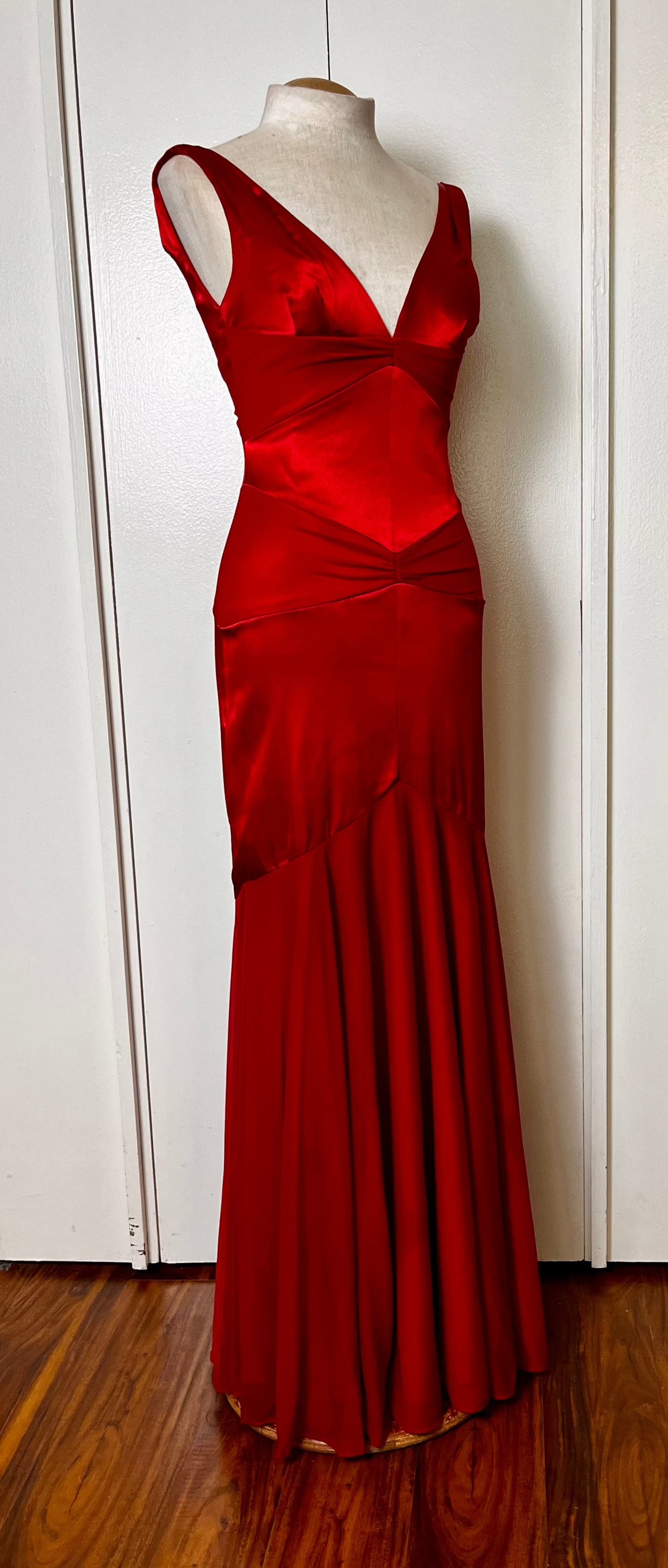 Vintage Y2K "Cache" Red Satin & Mesh Maxi Dress