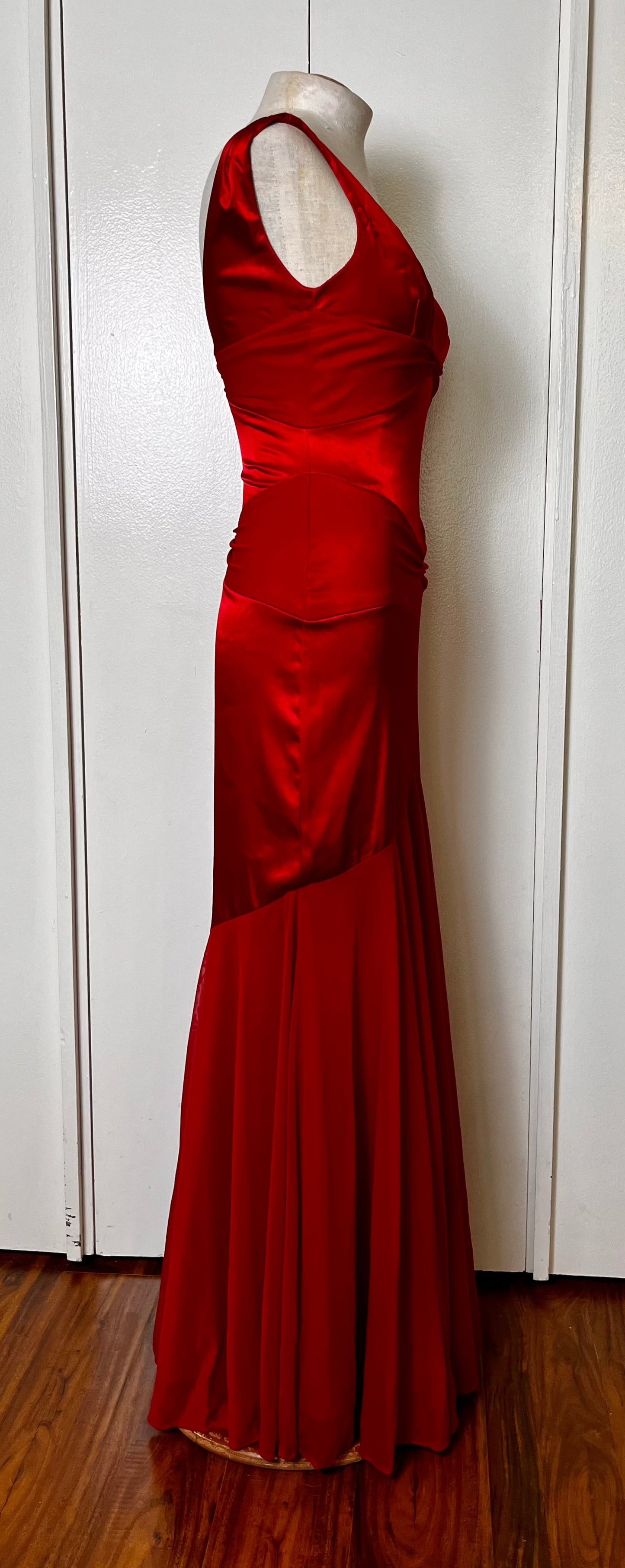 Vintage Y2K "Cache" Red Satin & Mesh Maxi Dress