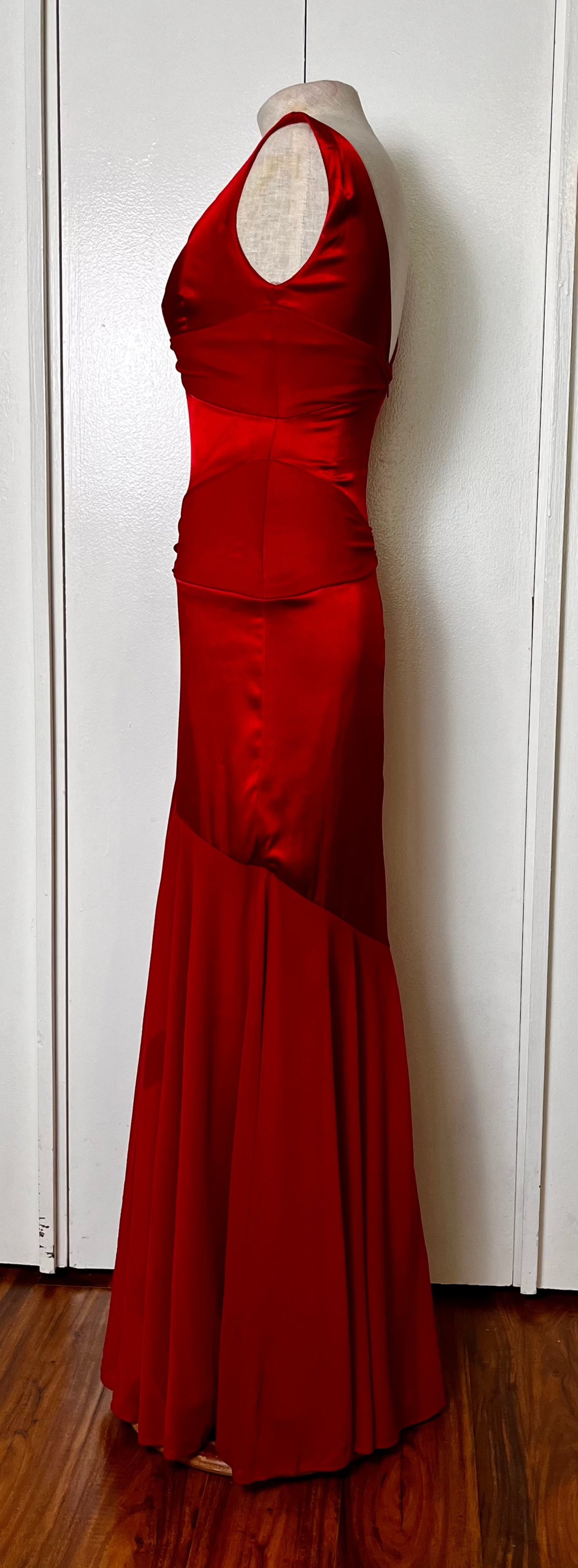 Vintage Y2K "Cache" Red Satin & Mesh Maxi Dress