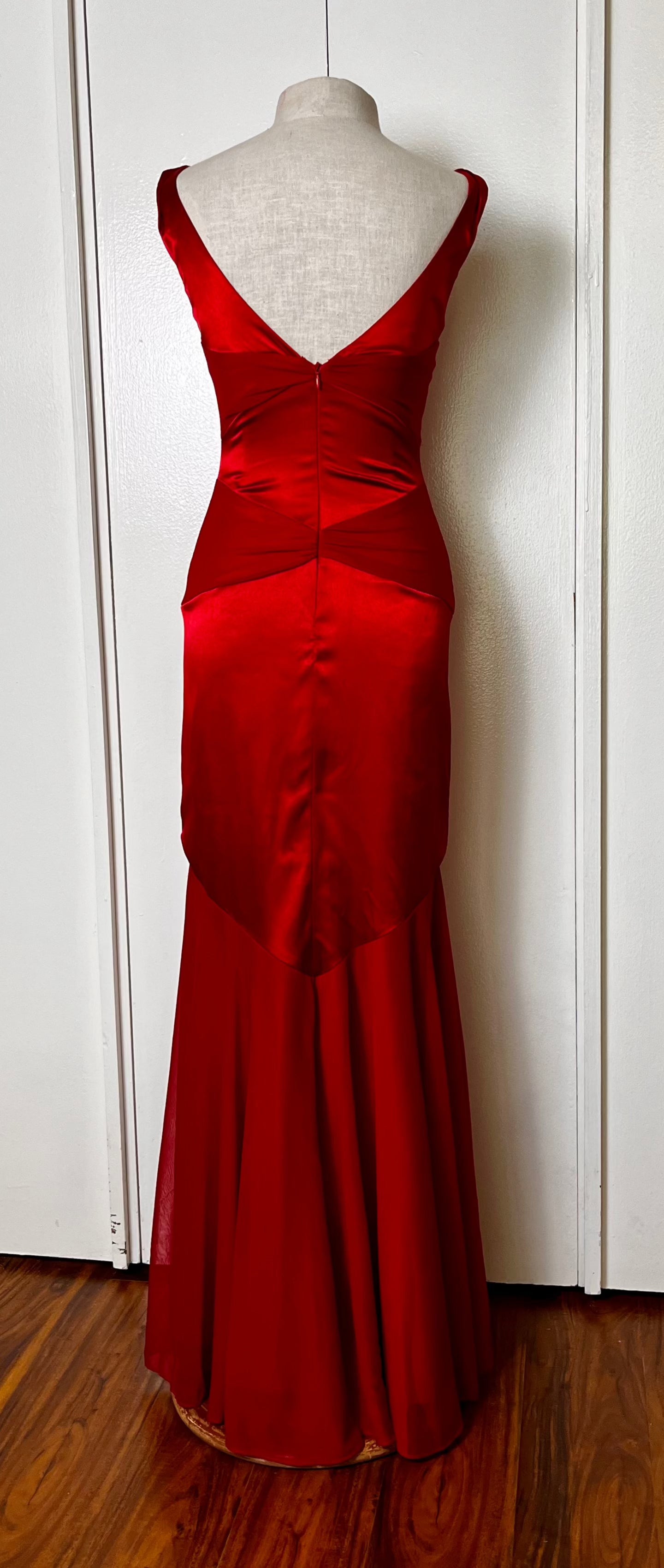 Vintage Y2K "Cache" Red Satin & Mesh Maxi Dress