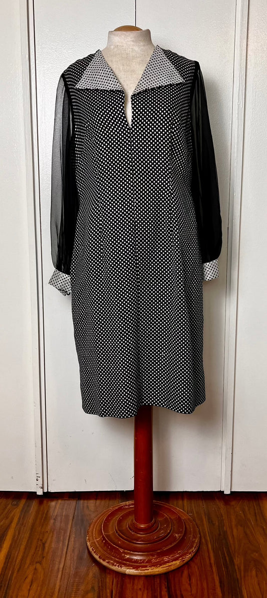 Vintage 1960's "Utah Tailoring Mills" (Custom-Made) Black & Silver Shiny Polka Dot with Chiffon Balloon Sleeve and Collared Sheath Dress