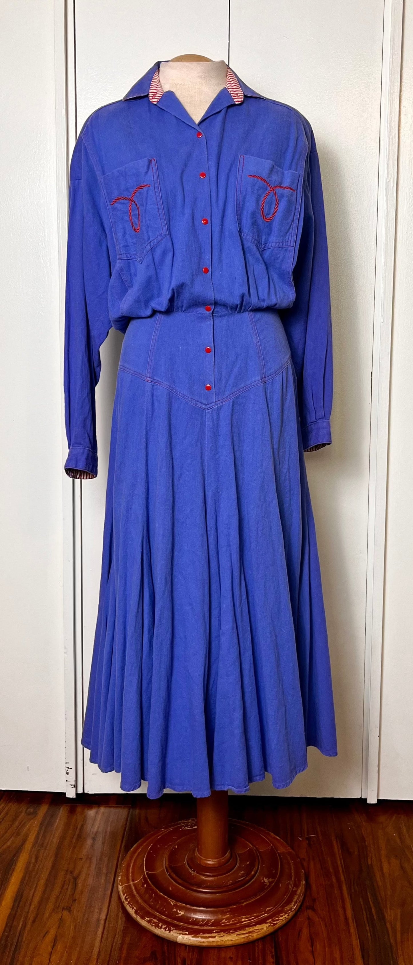 Vintage 1980's "Temtex" Blue and Red Blouson Western-Style Dress