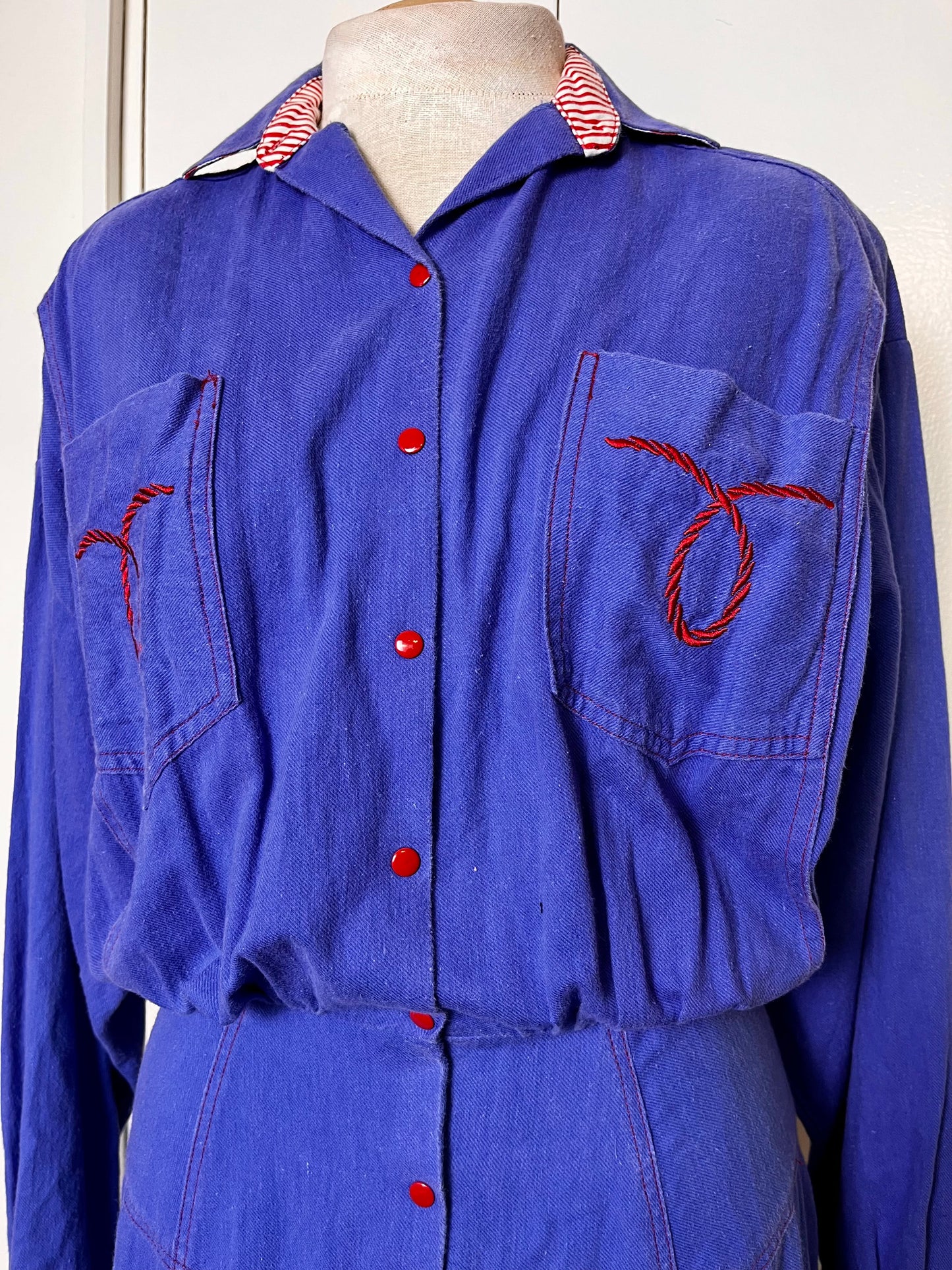 Vintage 1980's "Temtex" Blue and Red Blouson Western-Style Dress