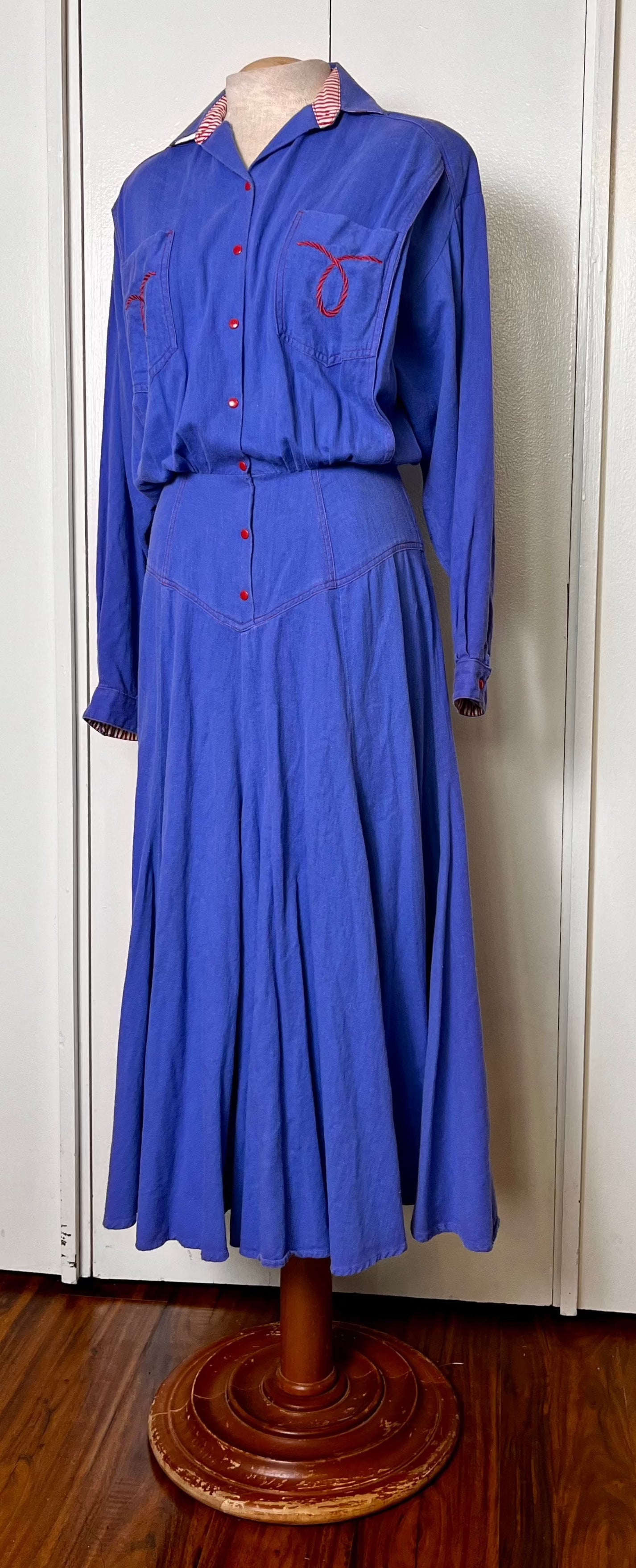 Vintage 1980's "Temtex" Blue and Red Blouson Western-Style Dress