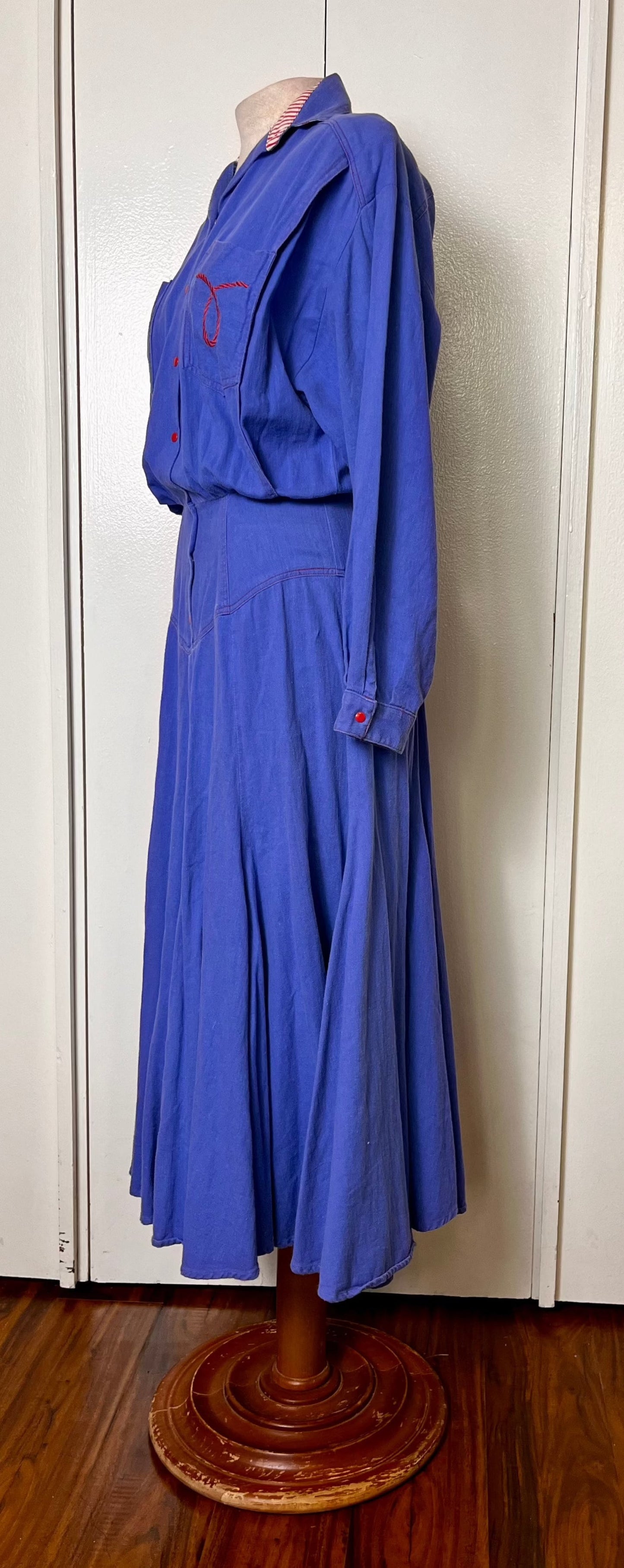 Vintage 1980's "Temtex" Blue and Red Blouson Western-Style Dress