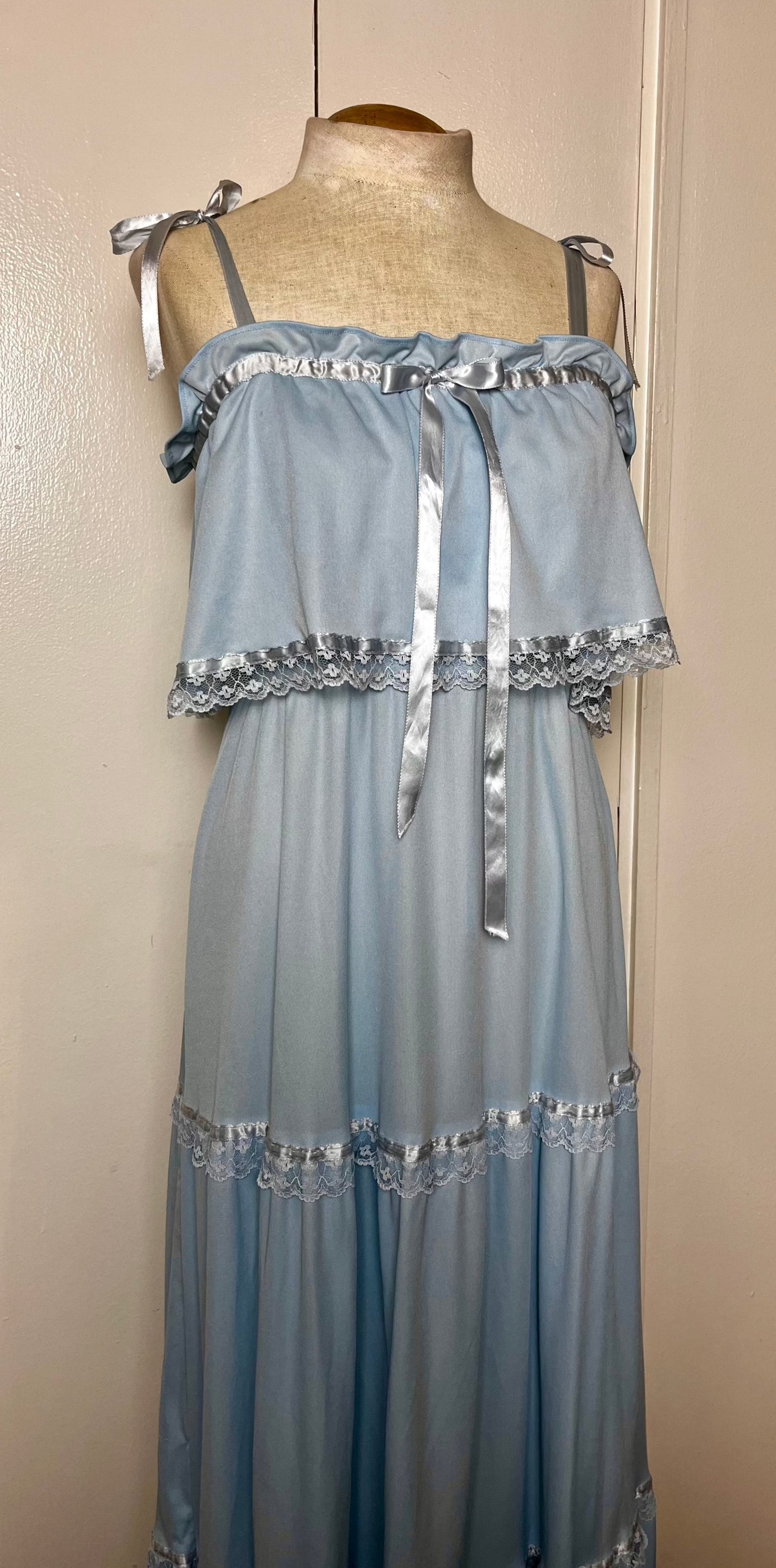 Vintage 1970's "Vicky Vaughn" Baby Blue Ribbon Maxi Prairie Dress