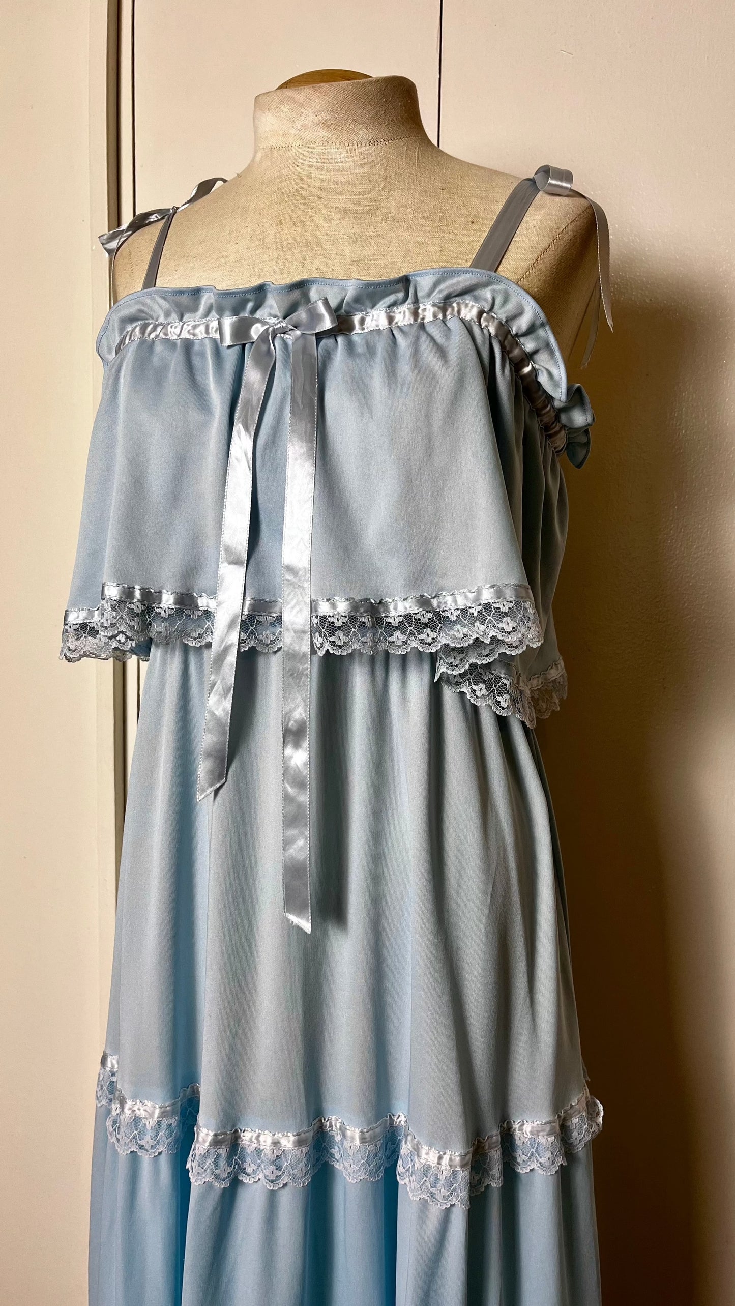 Vintage 1970's "Vicky Vaughn" Baby Blue Ribbon Maxi Prairie Dress