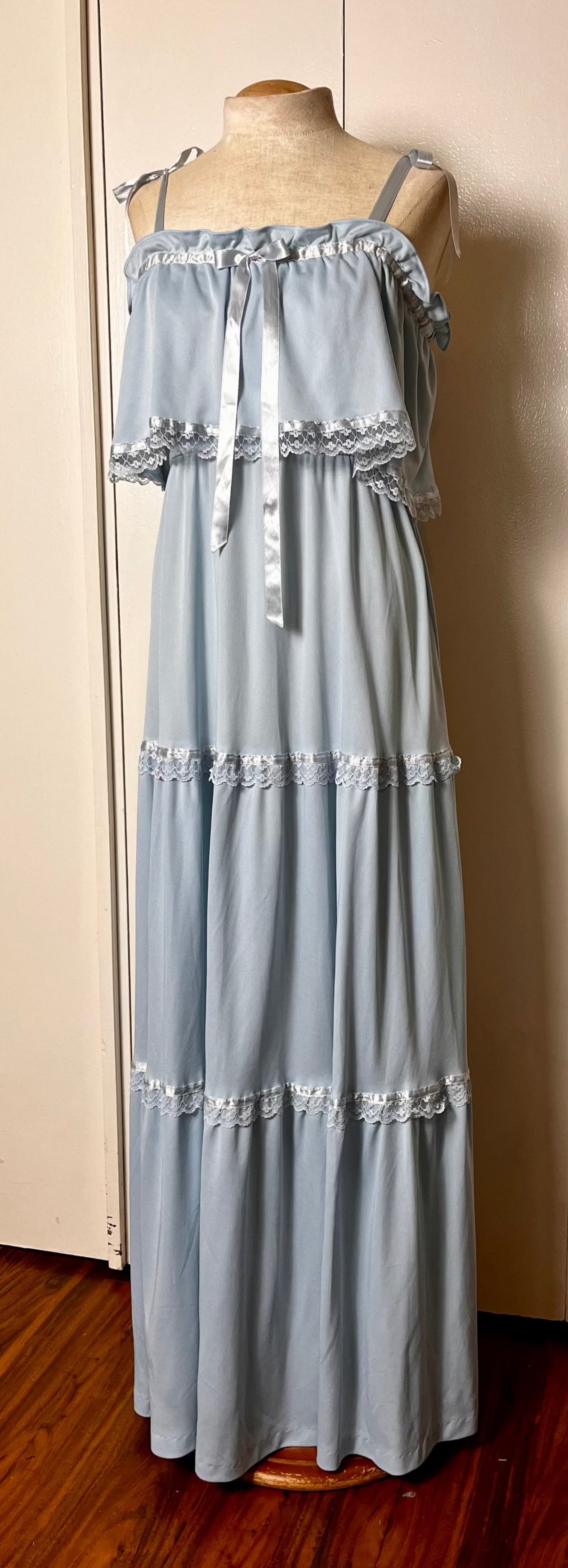 Vintage 1970's "Vicky Vaughn" Baby Blue Ribbon Maxi Prairie Dress