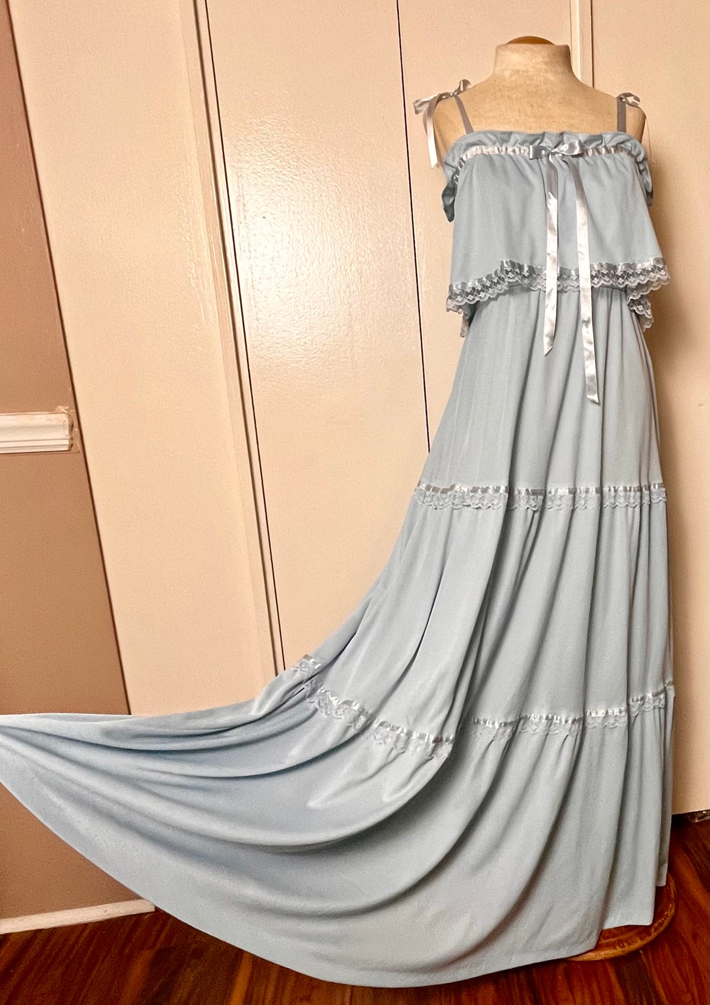 Vintage 1970's "Vicky Vaughn" Baby Blue Ribbon Maxi Prairie Dress