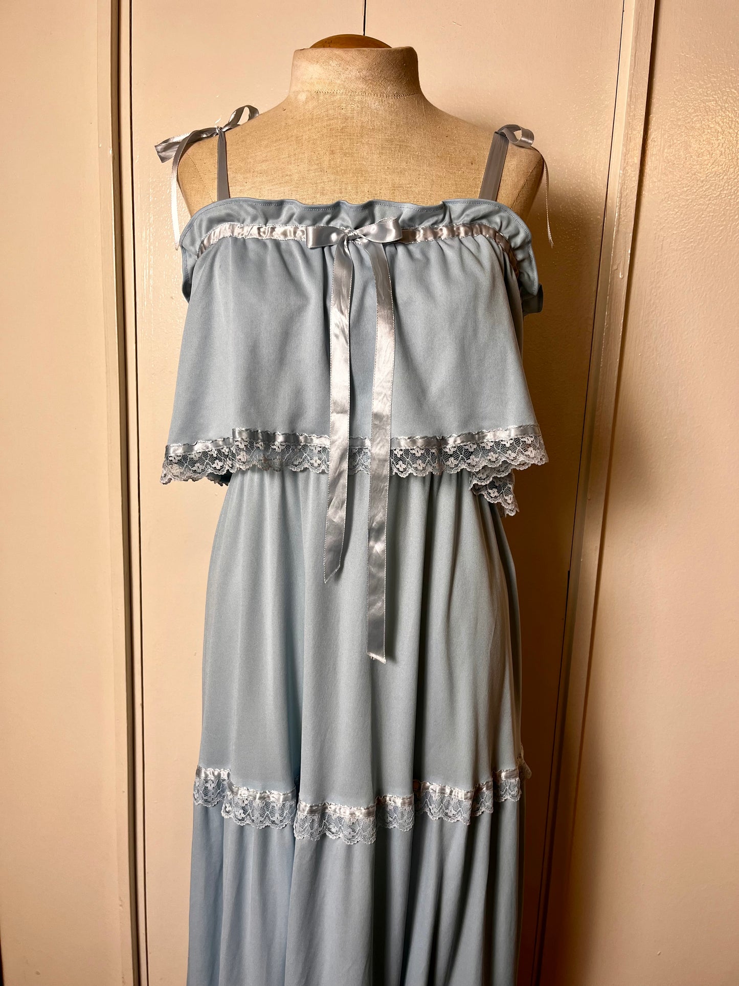 Vintage 1970's "Vicky Vaughn" Baby Blue Ribbon Maxi Prairie Dress