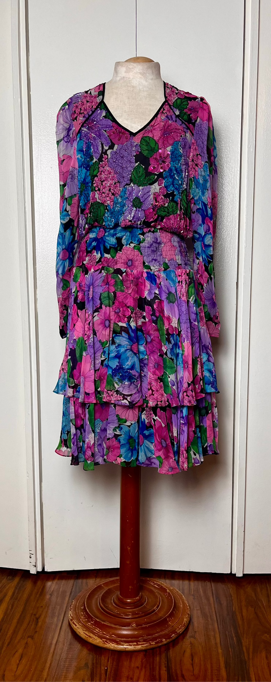 Vintage 1980's "Diane Freis" Sequins & Silk Floral Dress