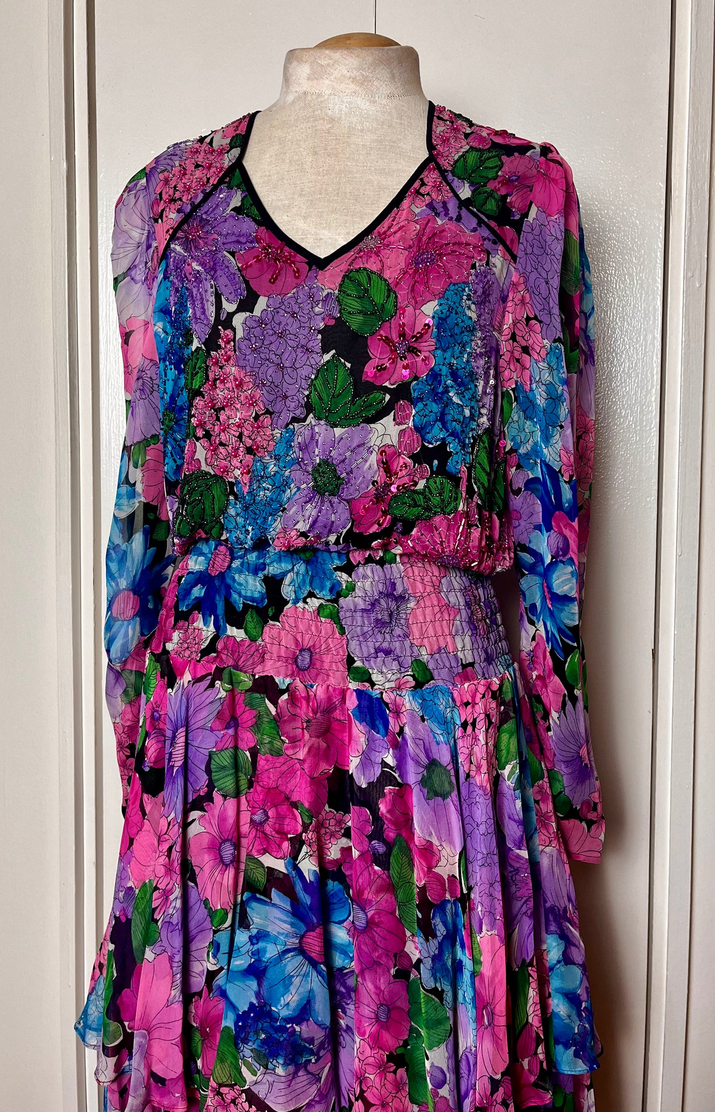 Vintage 1980's "Diane Freis" Sequins & Silk Floral Dress