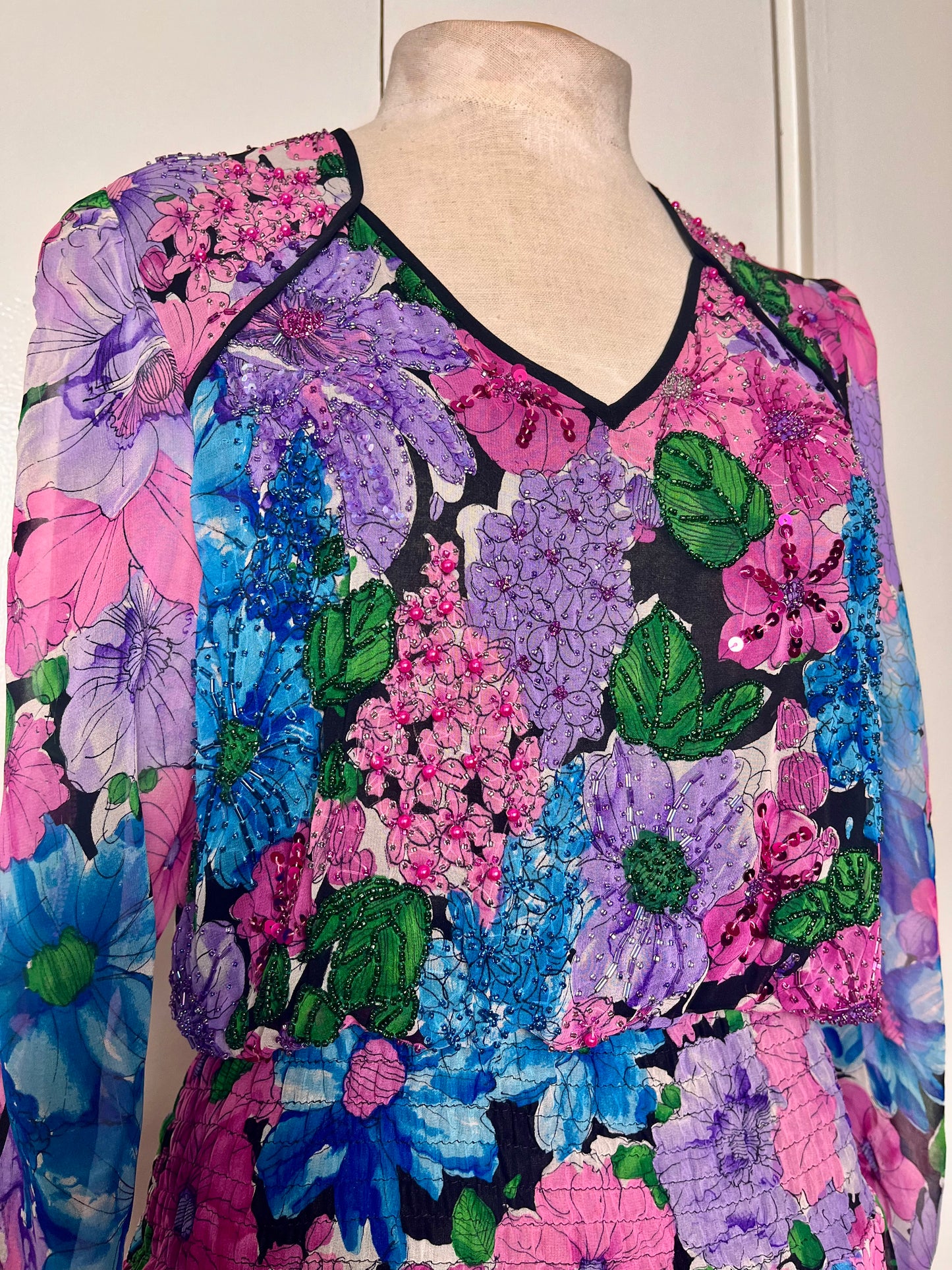 Vintage 1980's "Diane Freis" Sequins & Silk Floral Dress