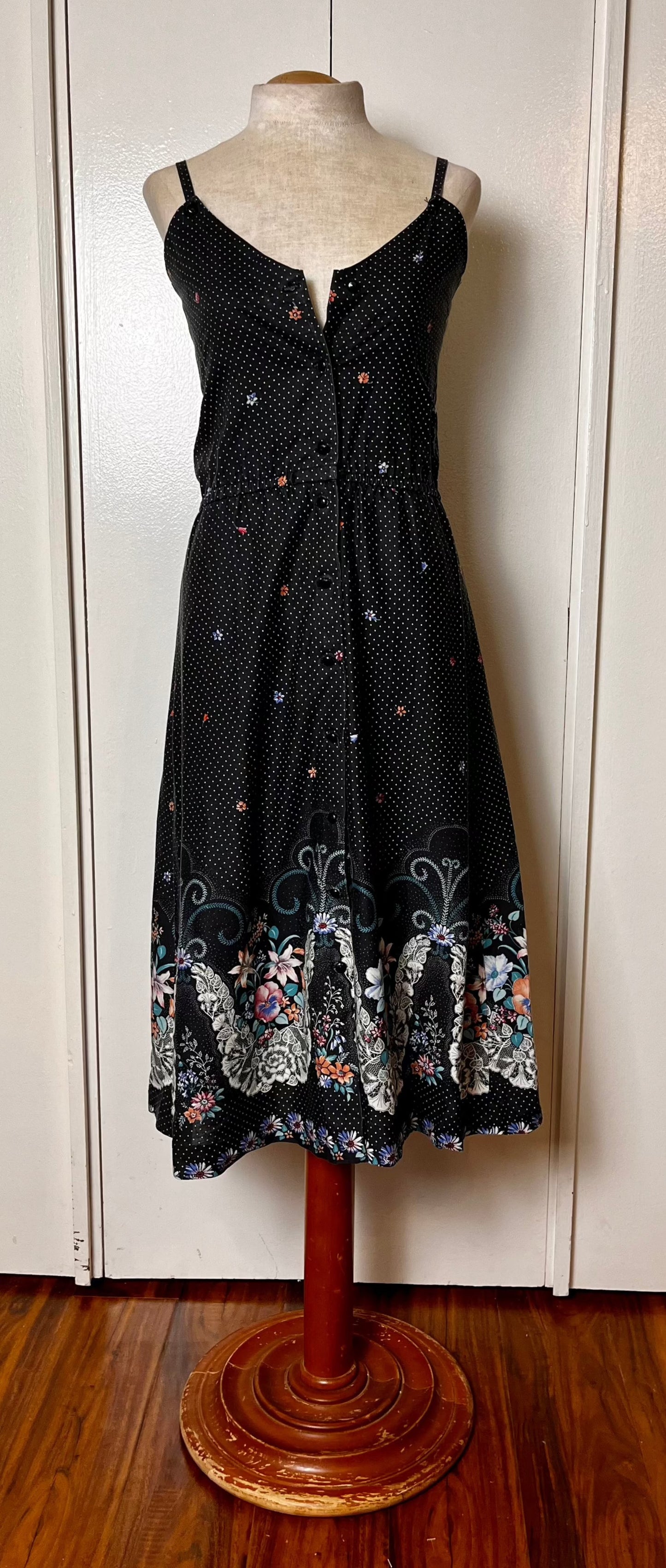 Vintage 1970's Home-sewn Black Calico and Butterflies Midi Sundress with White Bolero