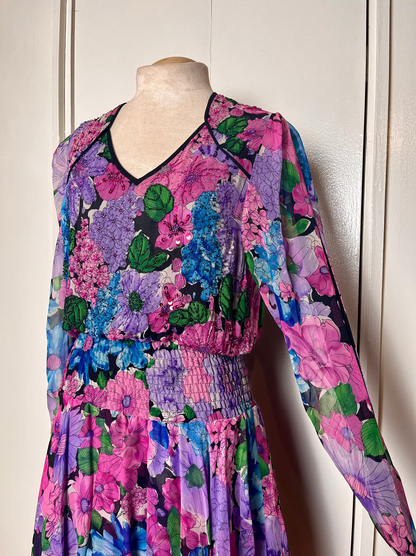 Vintage 1980's "Diane Freis" Sequins & Silk Floral Dress