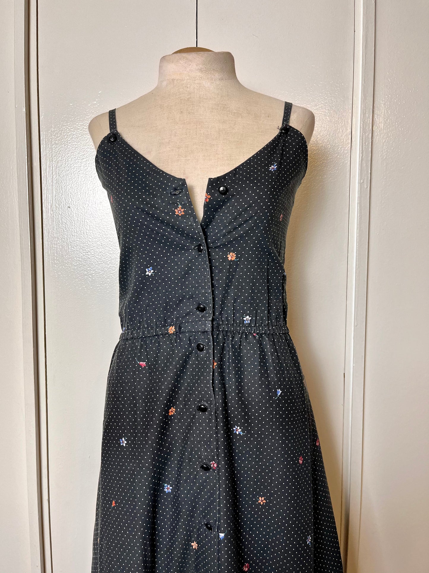 Vintage 1970's Home-sewn Black Calico and Butterflies Midi Sundress with White Bolero