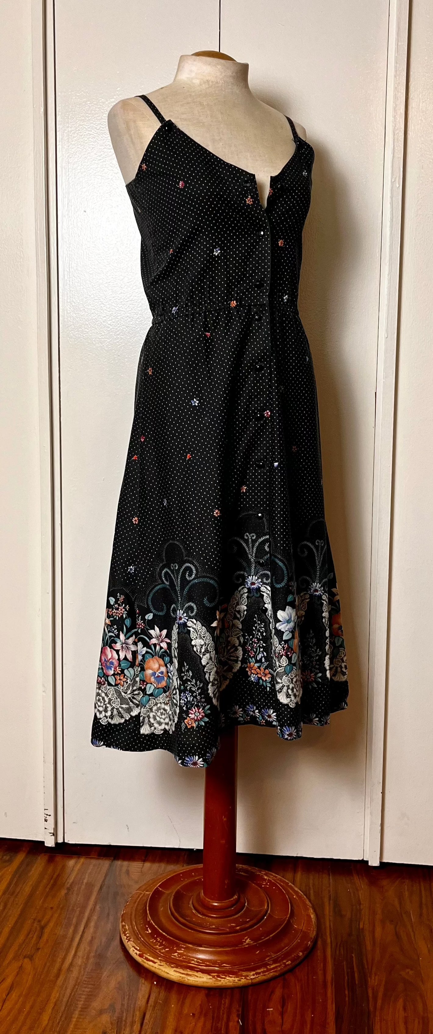 Vintage 1970's Home-sewn Black Calico and Butterflies Midi Sundress with White Bolero