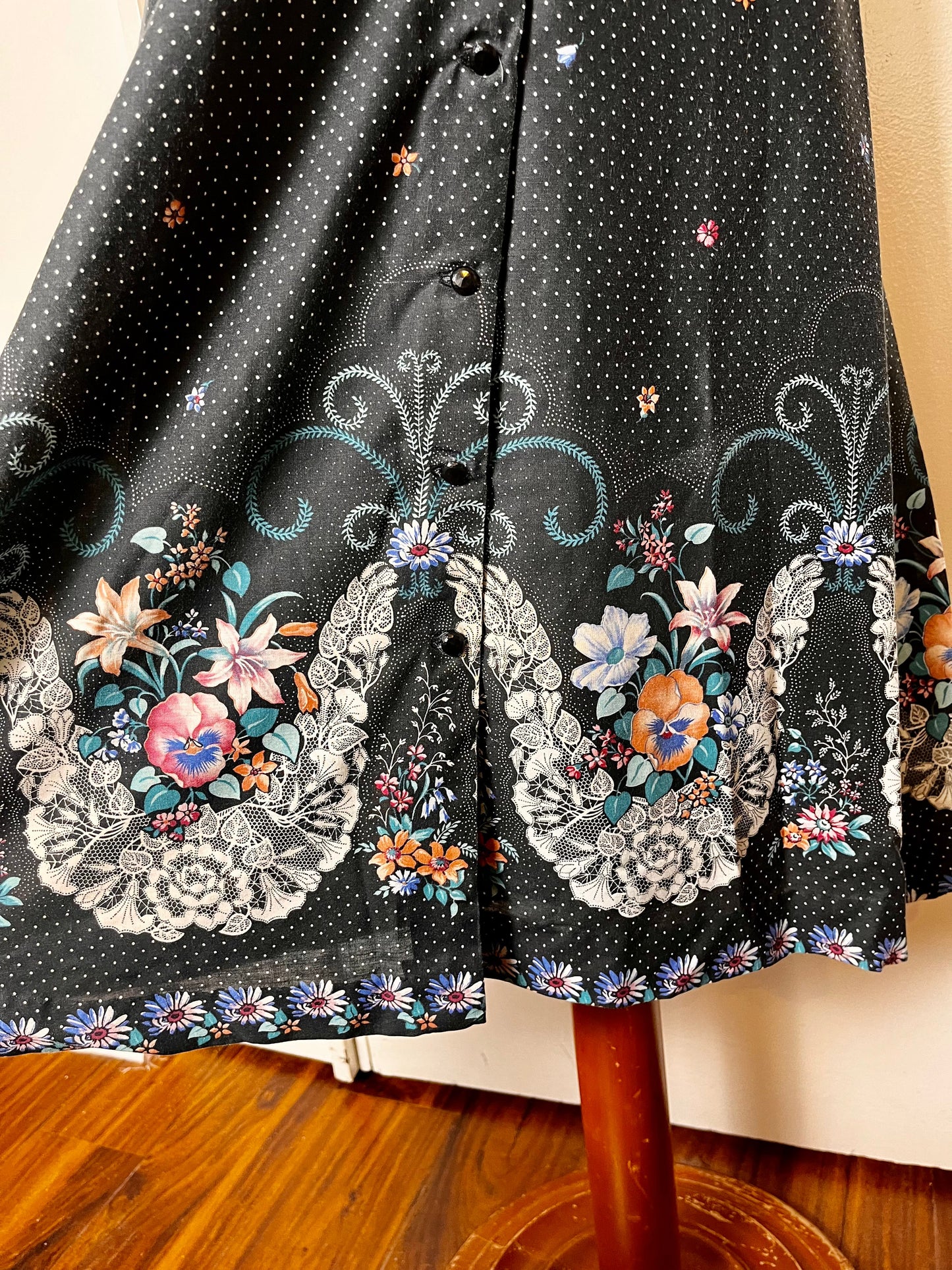 Vintage 1970's Home-sewn Black Calico and Butterflies Midi Sundress with White Bolero