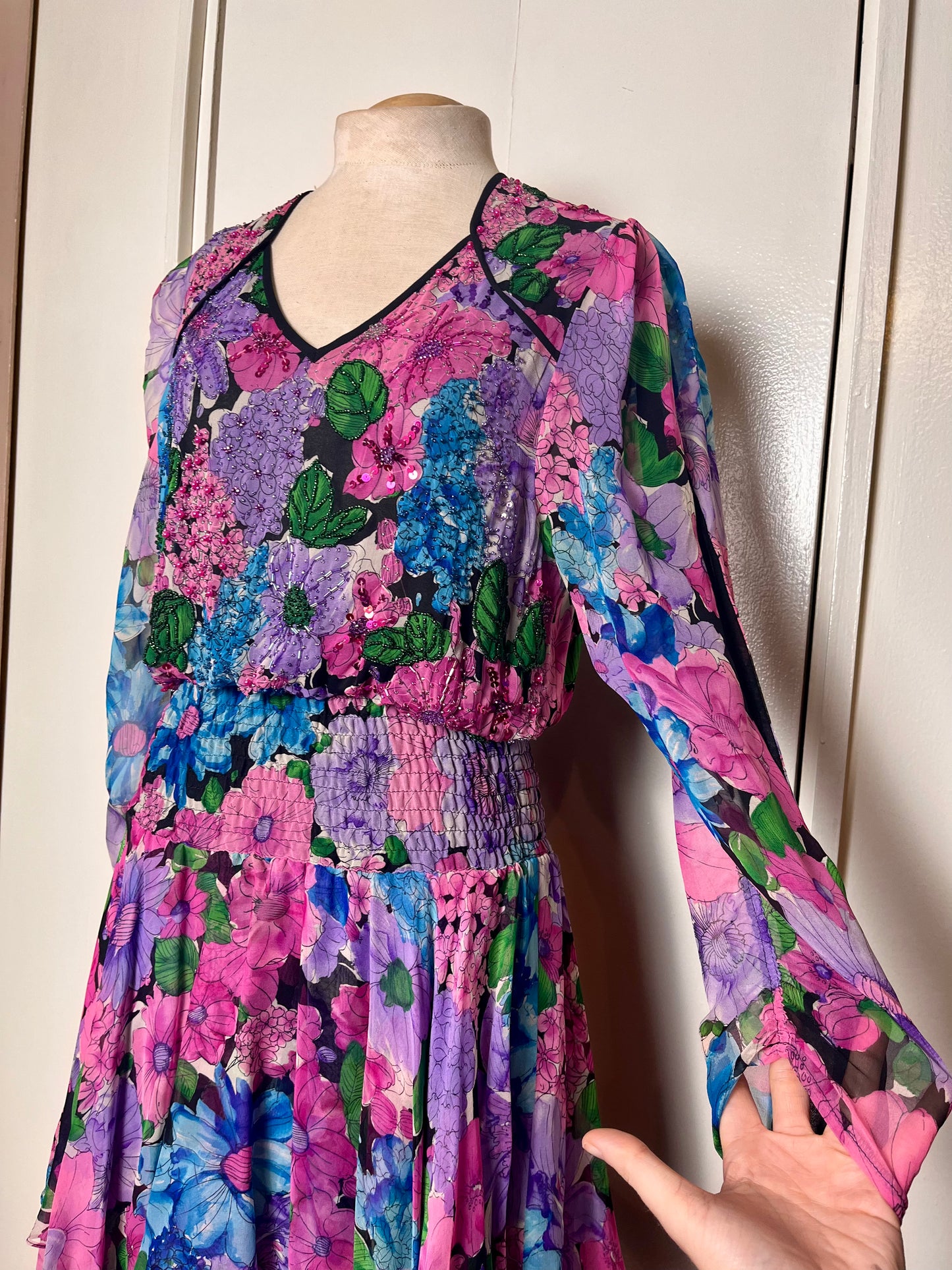 Vintage 1980's "Diane Freis" Sequins & Silk Floral Dress