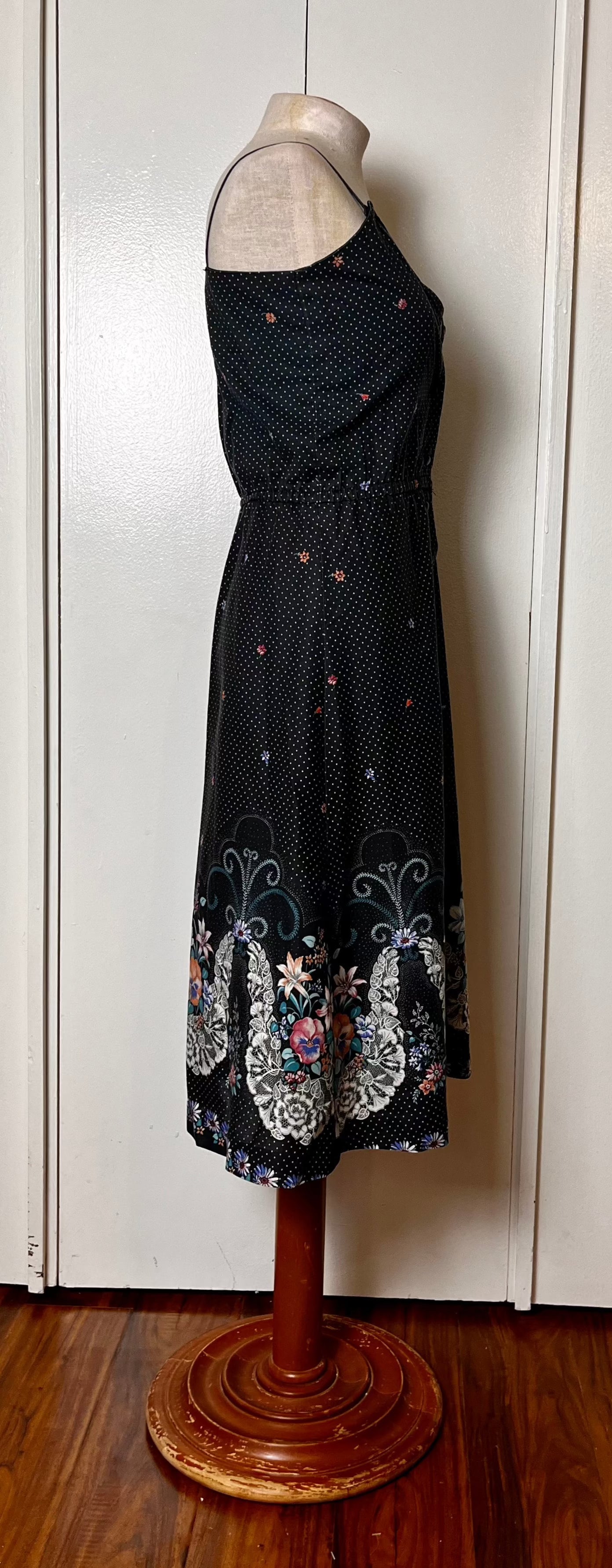 Vintage 1970's Home-sewn Black Calico and Butterflies Midi Sundress with White Bolero