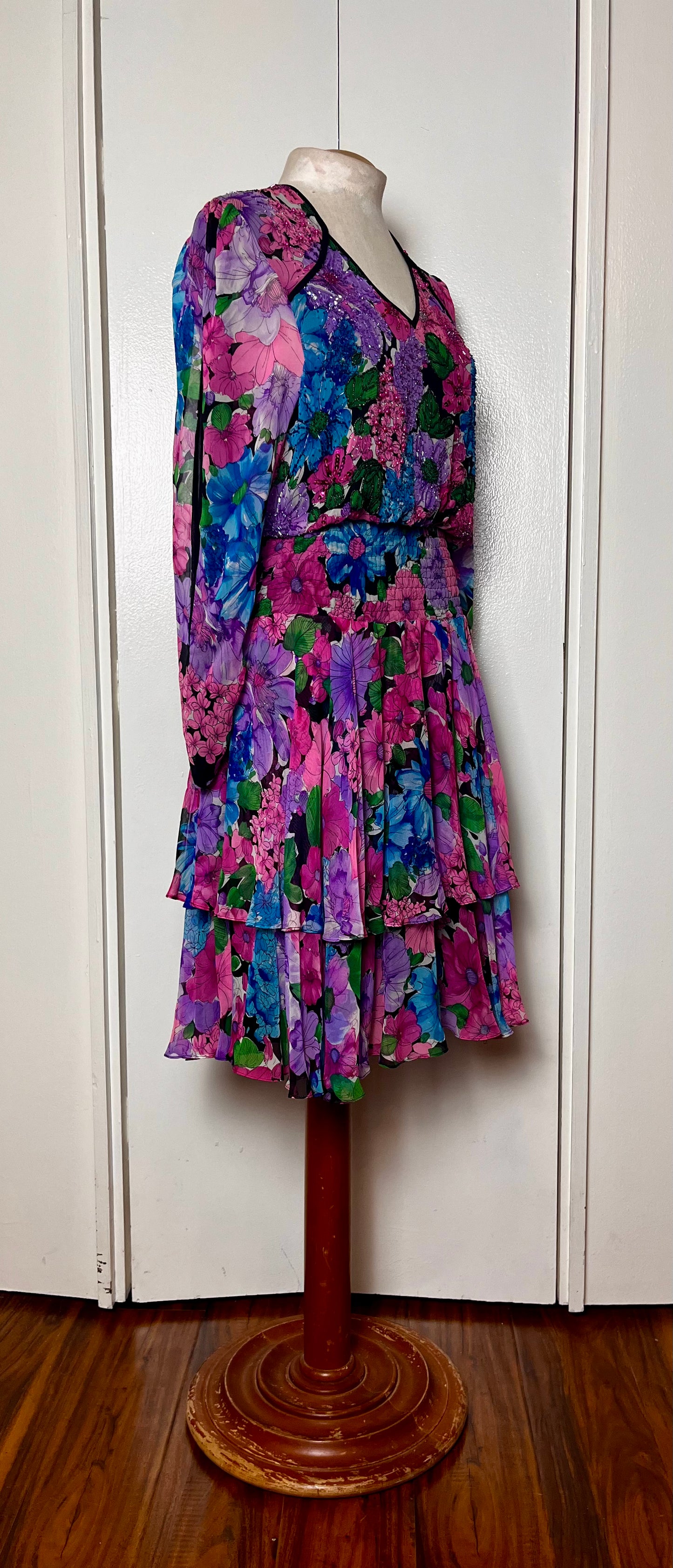 Vintage 1980's "Diane Freis" Sequins & Silk Floral Dress