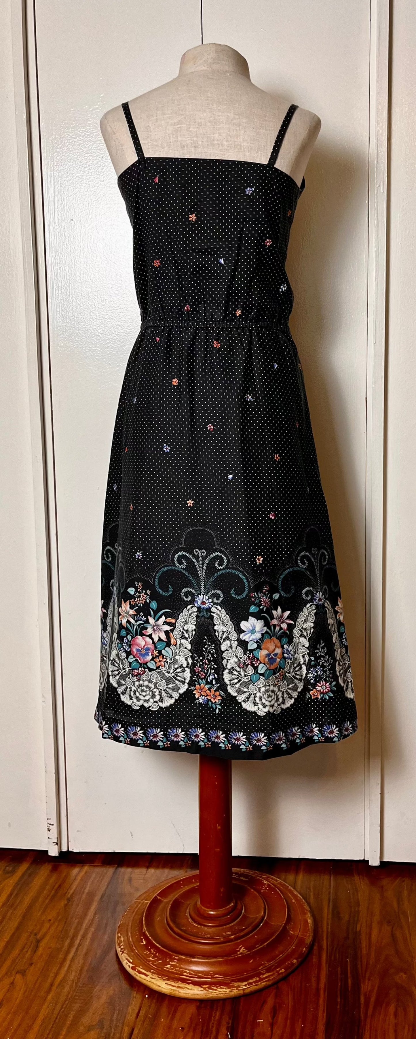 Vintage 1970's Home-sewn Black Calico and Butterflies Midi Sundress with White Bolero