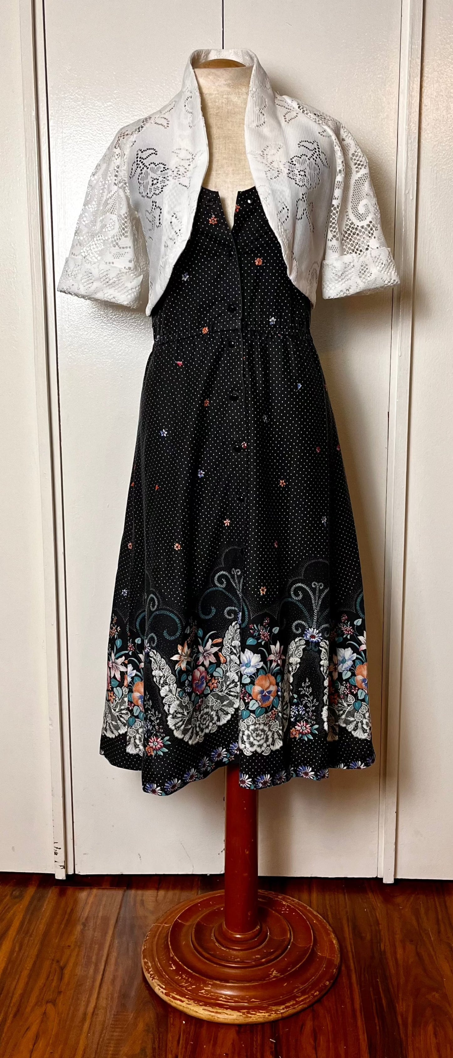 Vintage 1970's Home-sewn Black Calico and Butterflies Midi Sundress with White Bolero