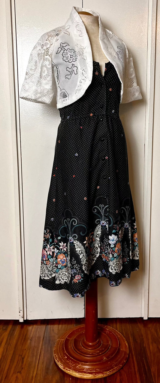 Vintage 1970's Home-sewn Black Calico and Butterflies Midi Sundress with White Bolero