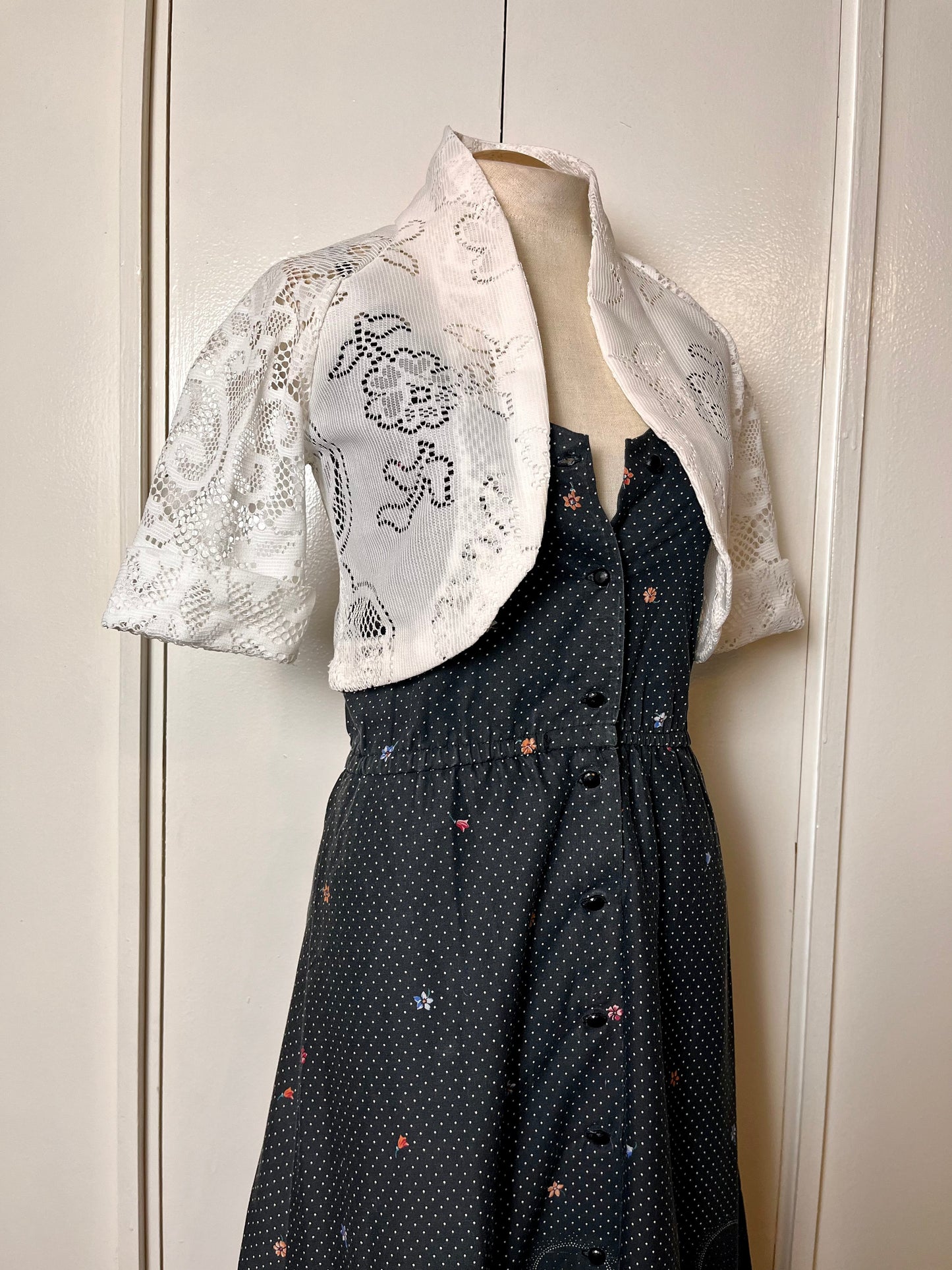 Vintage 1970's Home-sewn Black Calico and Butterflies Midi Sundress with White Bolero