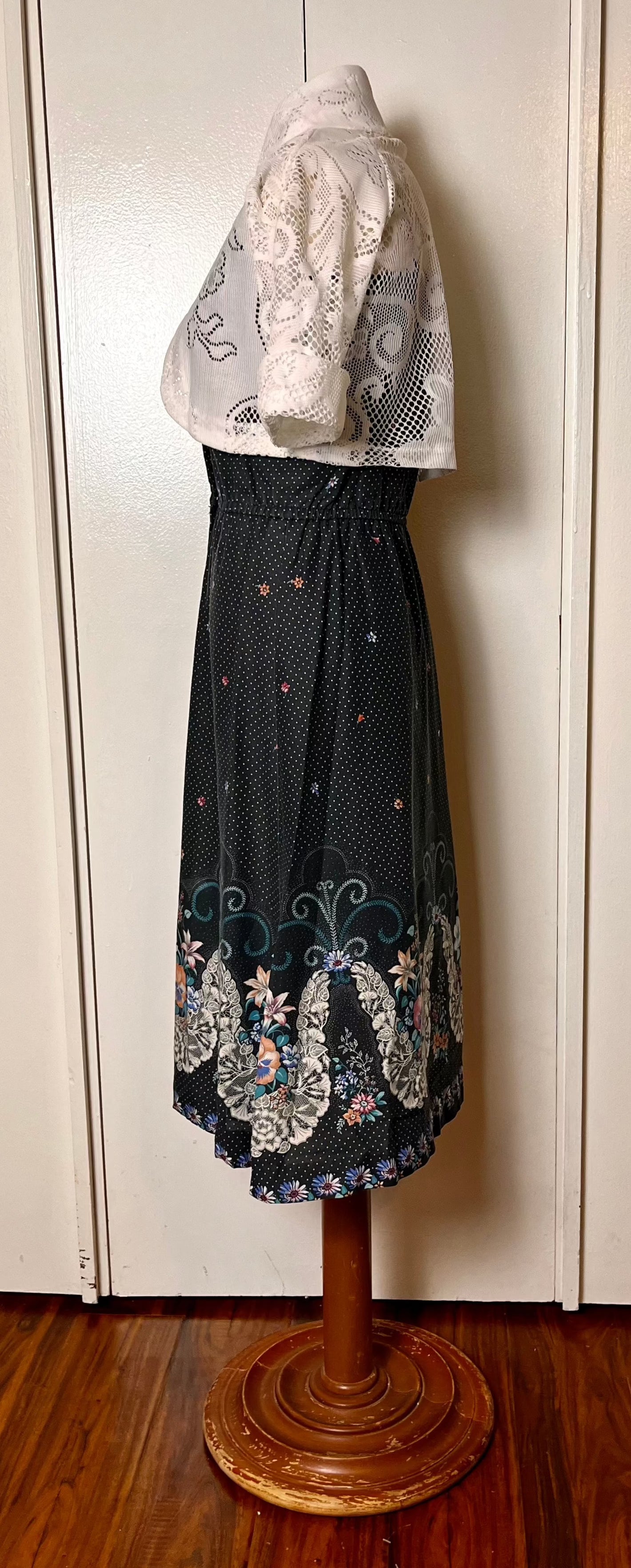 Vintage 1970's Home-sewn Black Calico and Butterflies Midi Sundress with White Bolero