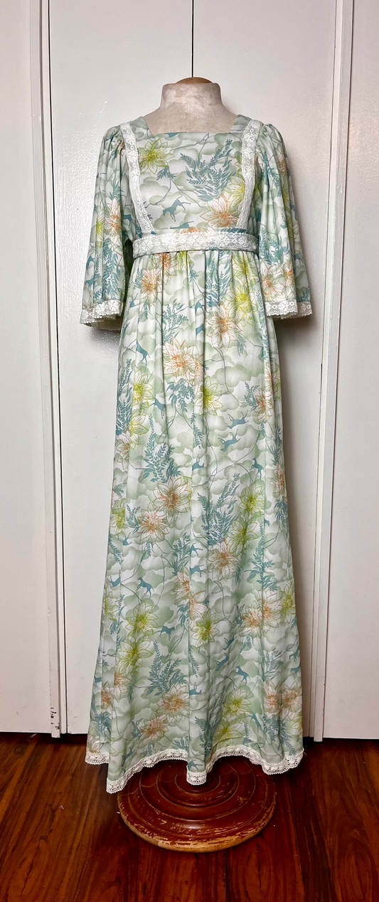 Vintage 1970’s Teal Horse-Print Flutter Sleeve Maxi Dress