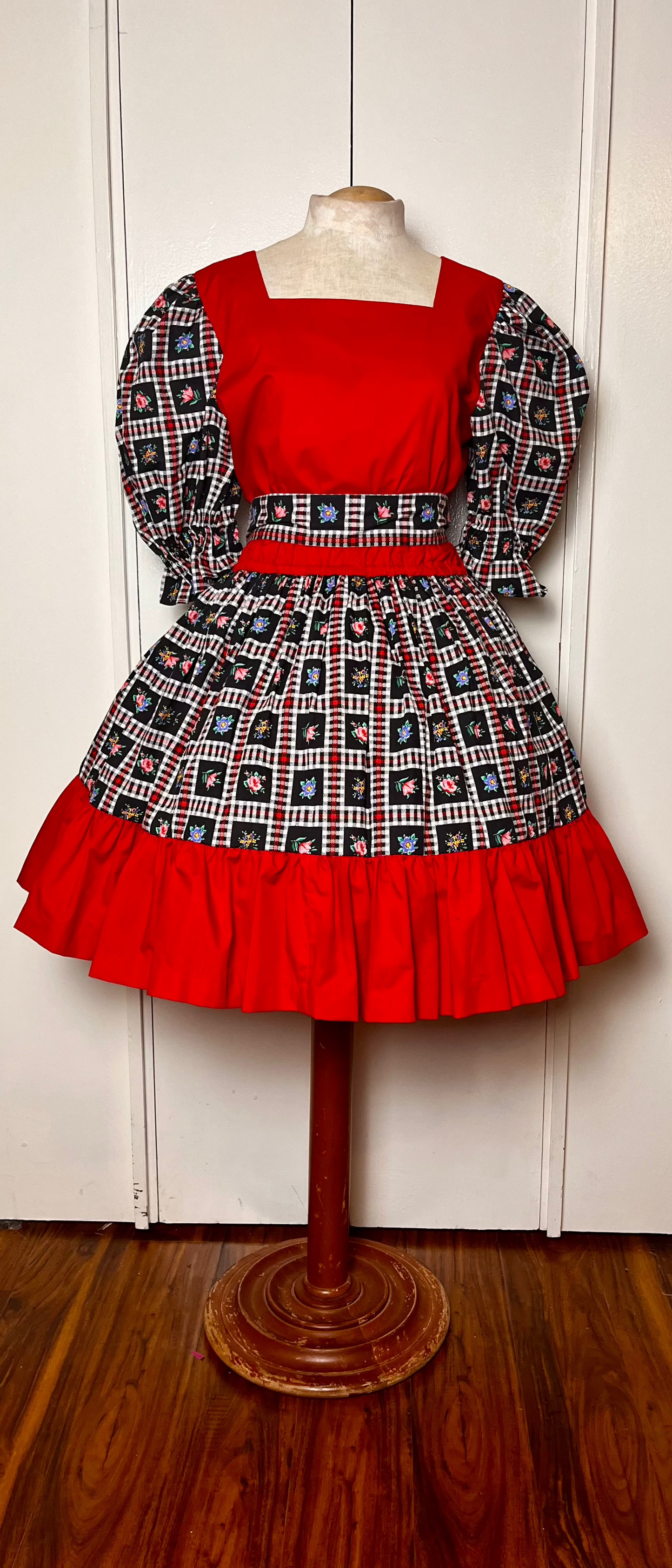 Vintage 1980's "Home-Sewn" Red & Black Floral Square Dancing Dress