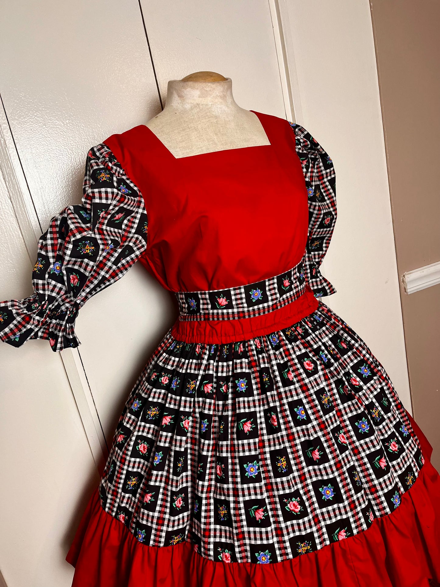 Vintage 1980's "Home-Sewn" Red & Black Floral Square Dancing Dress