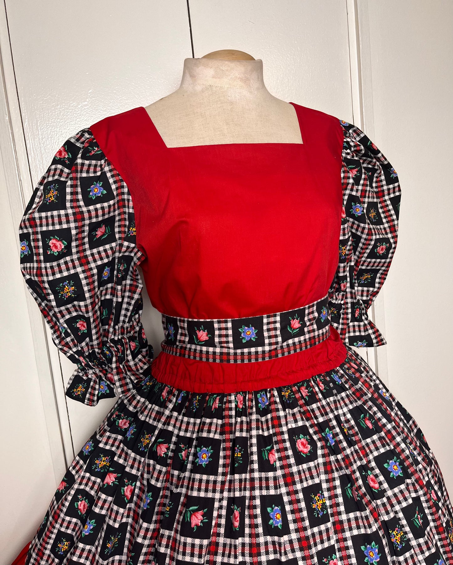 Vintage 1980's "Home-Sewn" Red & Black Floral Square Dancing Dress