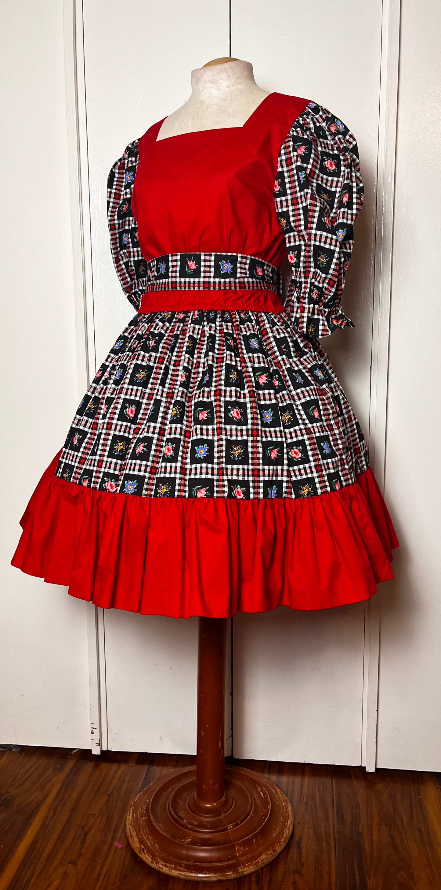 Vintage 1980's "Home-Sewn" Red & Black Floral Square Dancing Dress