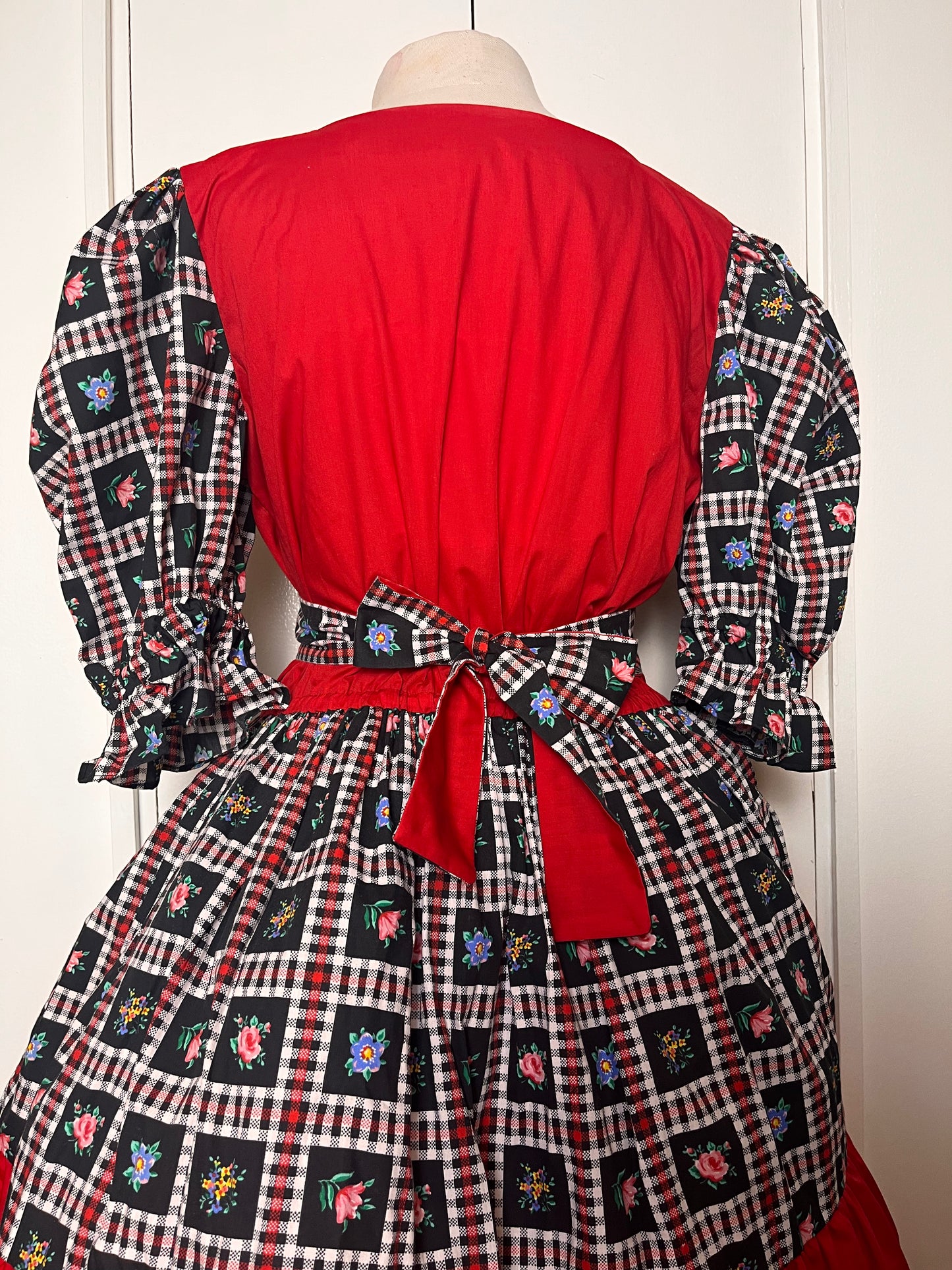 Vintage 1980's "Home-Sewn" Red & Black Floral Square Dancing Dress