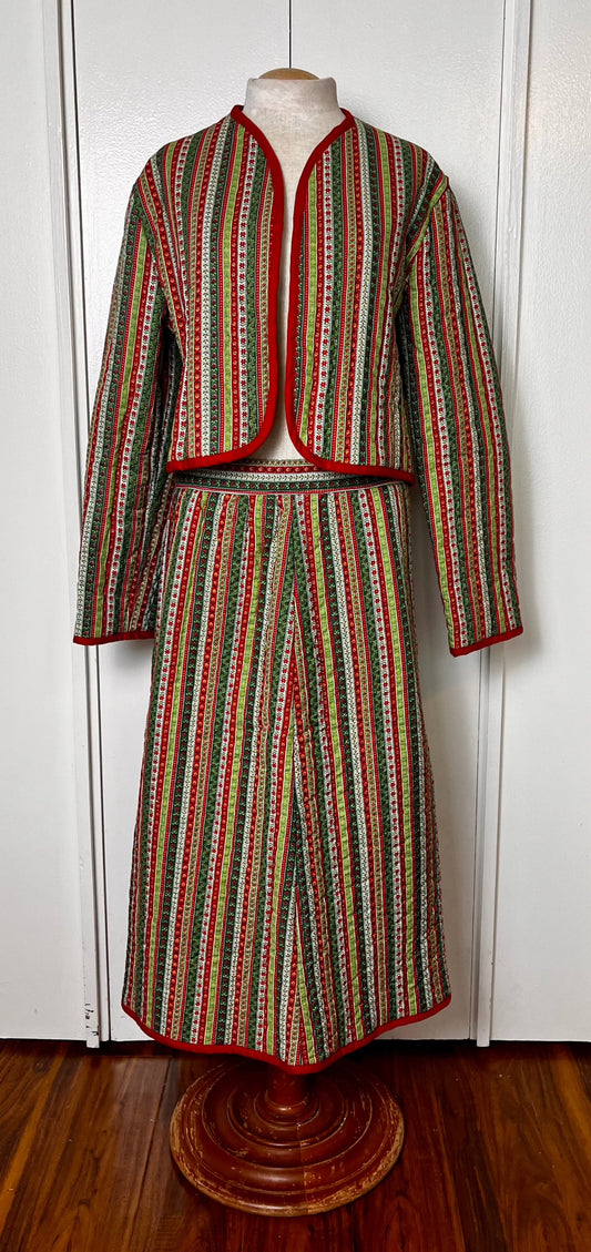 Vintage 1970's Home-sewn Quilted Calico and Stripes Reversible Jacket & Skirt Set