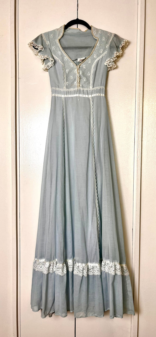 Vintage 1970's "Union-Made" Light Blue Short Sleeve Prairie Maxi Dress